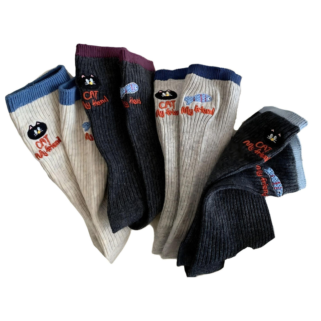 Anna-Kaci Women's 4-Pair Ribbed Knit Crew Socks with Embroidered Cat Graphic Detail