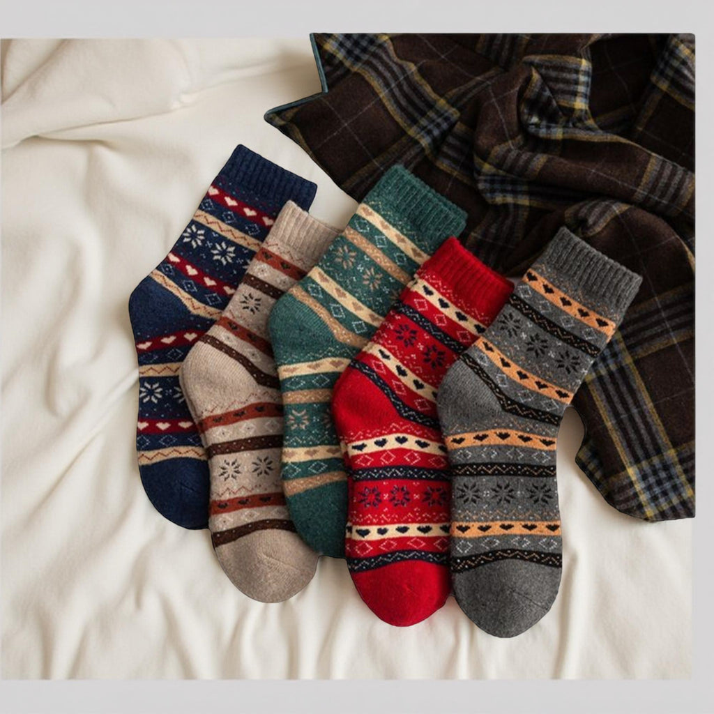 Anna-Kaci Women's 5-Pair Ribbed Knit Crew Socks with Nordic Fair Isle Pattern