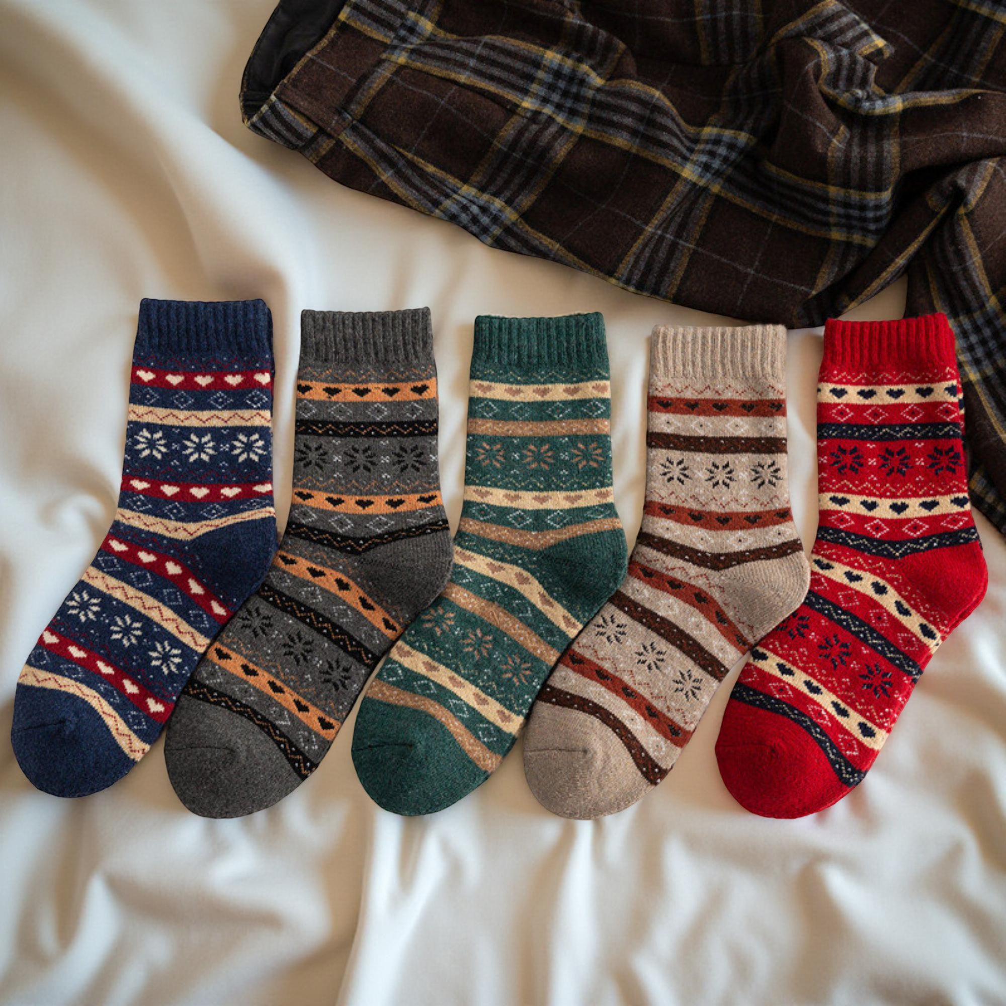 Anna-Kaci Women's 5-Pair Ribbed Knit Crew Socks with Nordic Fair Isle Pattern