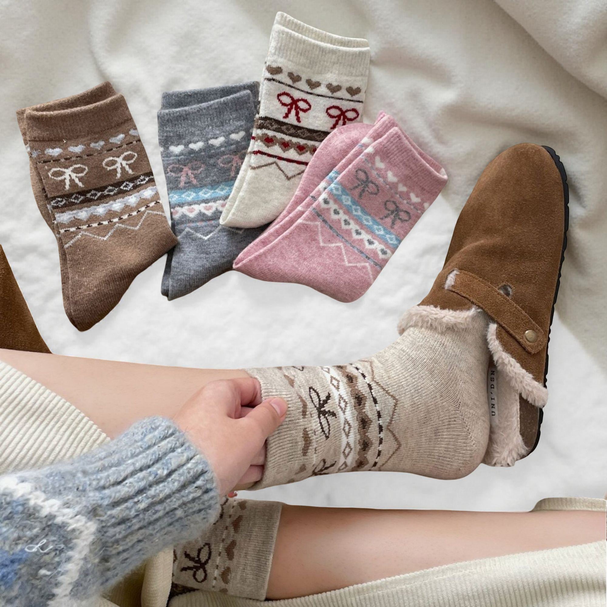 Anna-Kaci Women's 3-Pair Ribbed Knit Crew Socks with Bow and Nordic Pattern Detail