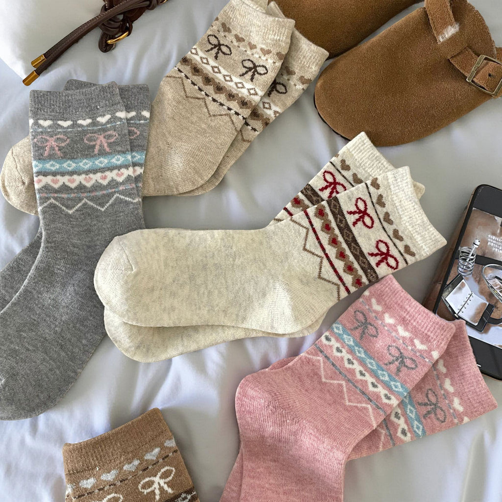 Anna-Kaci Women's 3-Pair Ribbed Knit Crew Socks with Bow and Nordic Pattern Detail