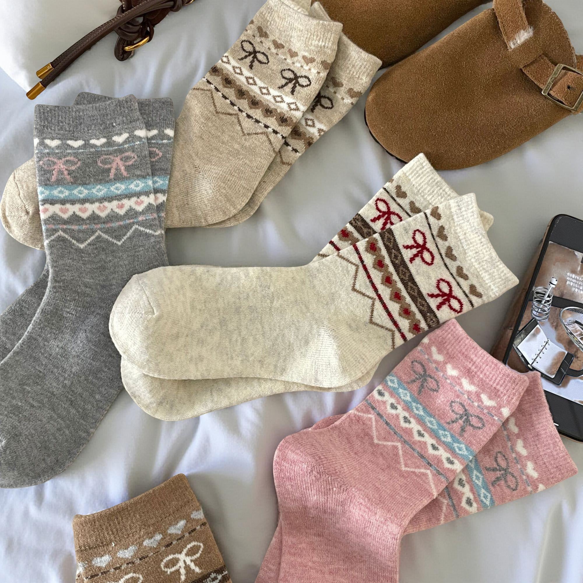 Anna-Kaci Women's 3-Pair Ribbed Knit Crew Socks with Bow and Nordic Pattern Detail