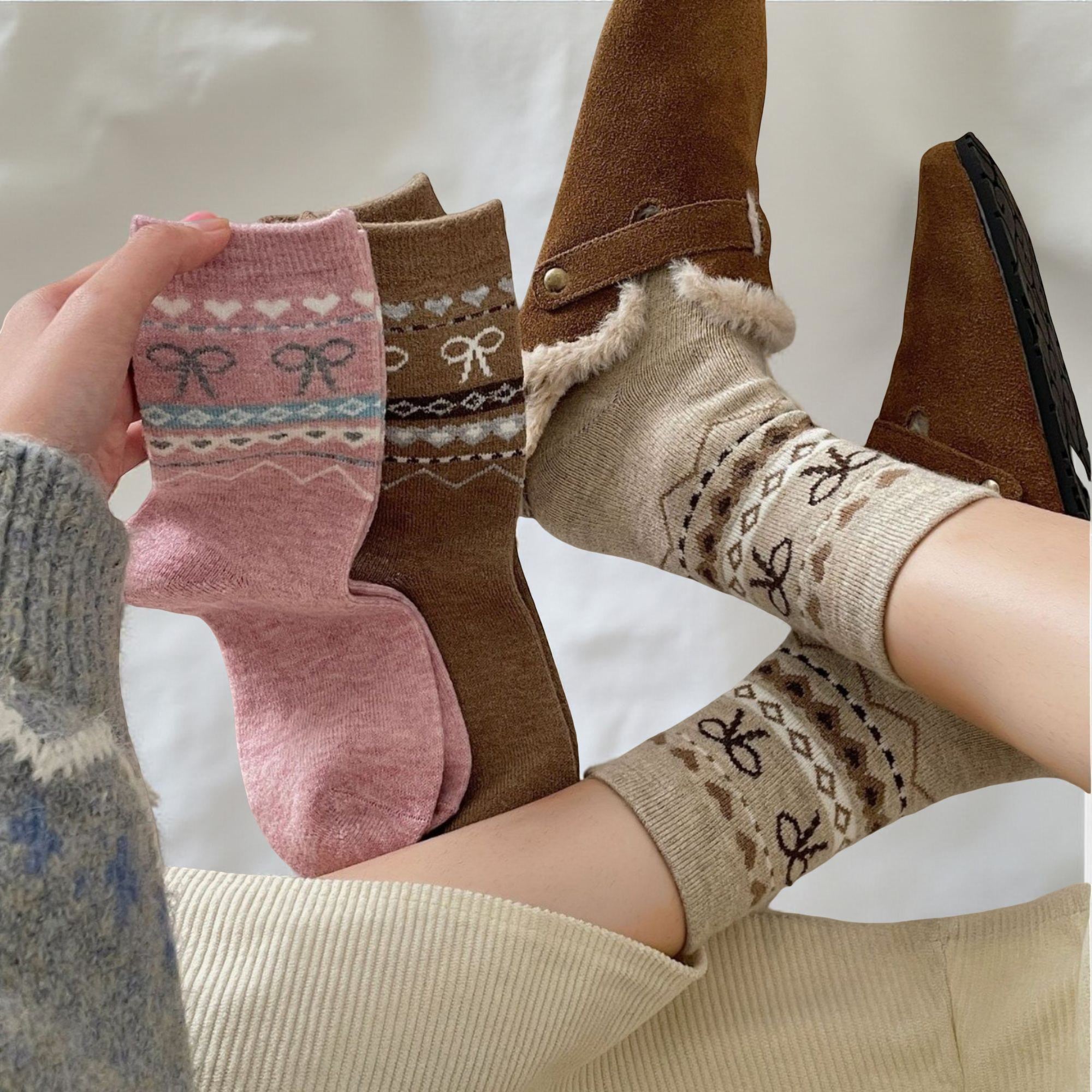 Anna-Kaci Women's 3-Pair Ribbed Knit Crew Socks with Bow and Nordic Pattern Detail