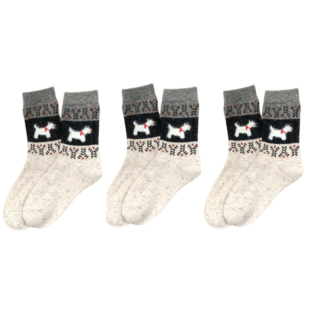 Anna-Kaci Women's 3-Pair Ribbed Knit Crew Socks with Dog Motif and Nordic Pattern