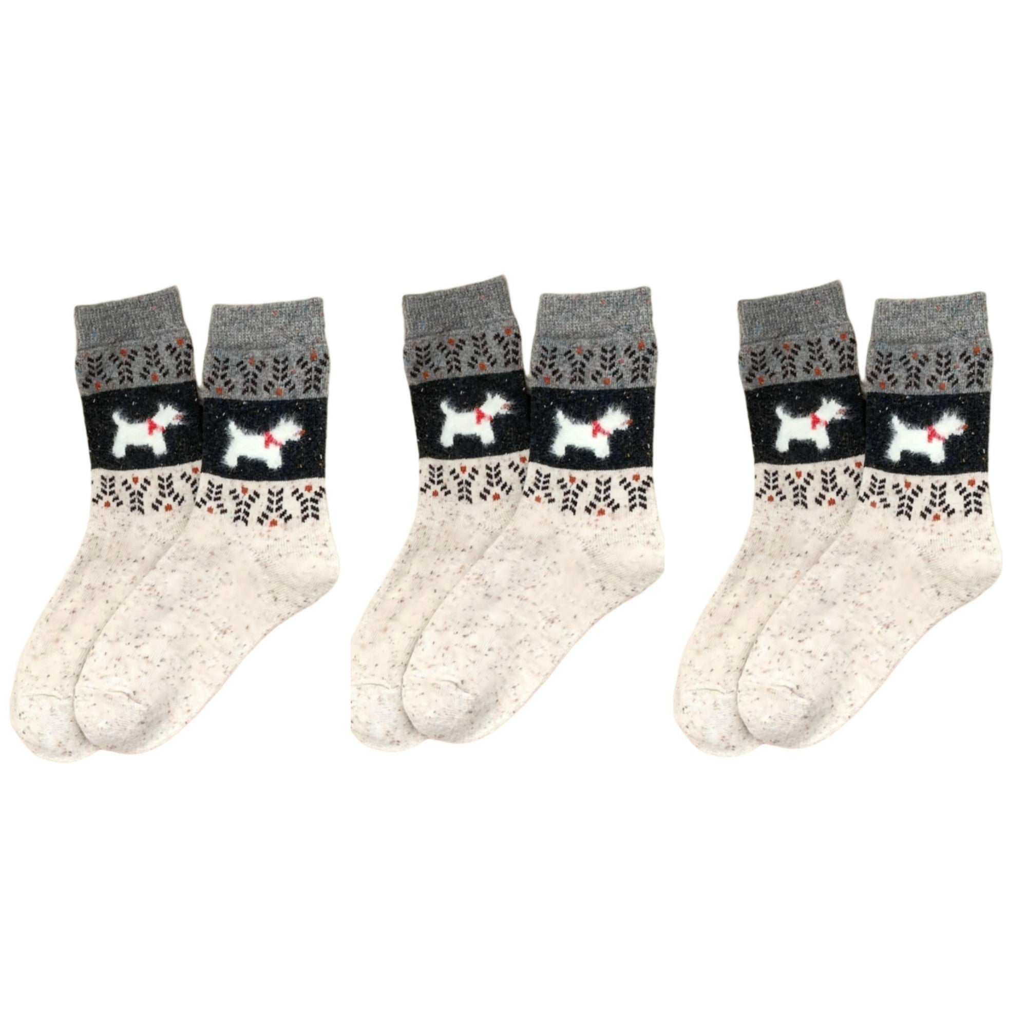 Anna-Kaci Women's 3-Pair Ribbed Knit Crew Socks with Dog Motif and Nordic Pattern