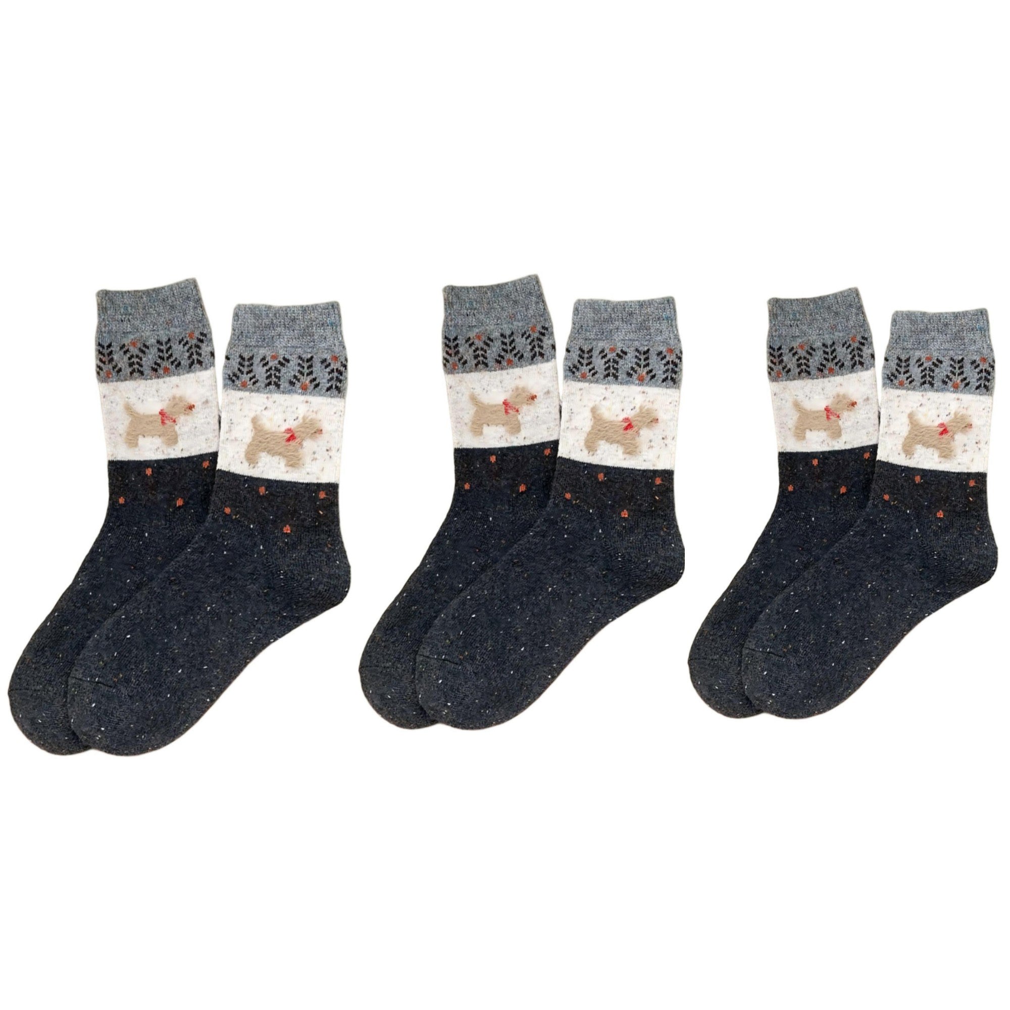 Anna-Kaci Women's 3-Pair Ribbed Knit Crew Socks with Dog Motif and Nordic Pattern