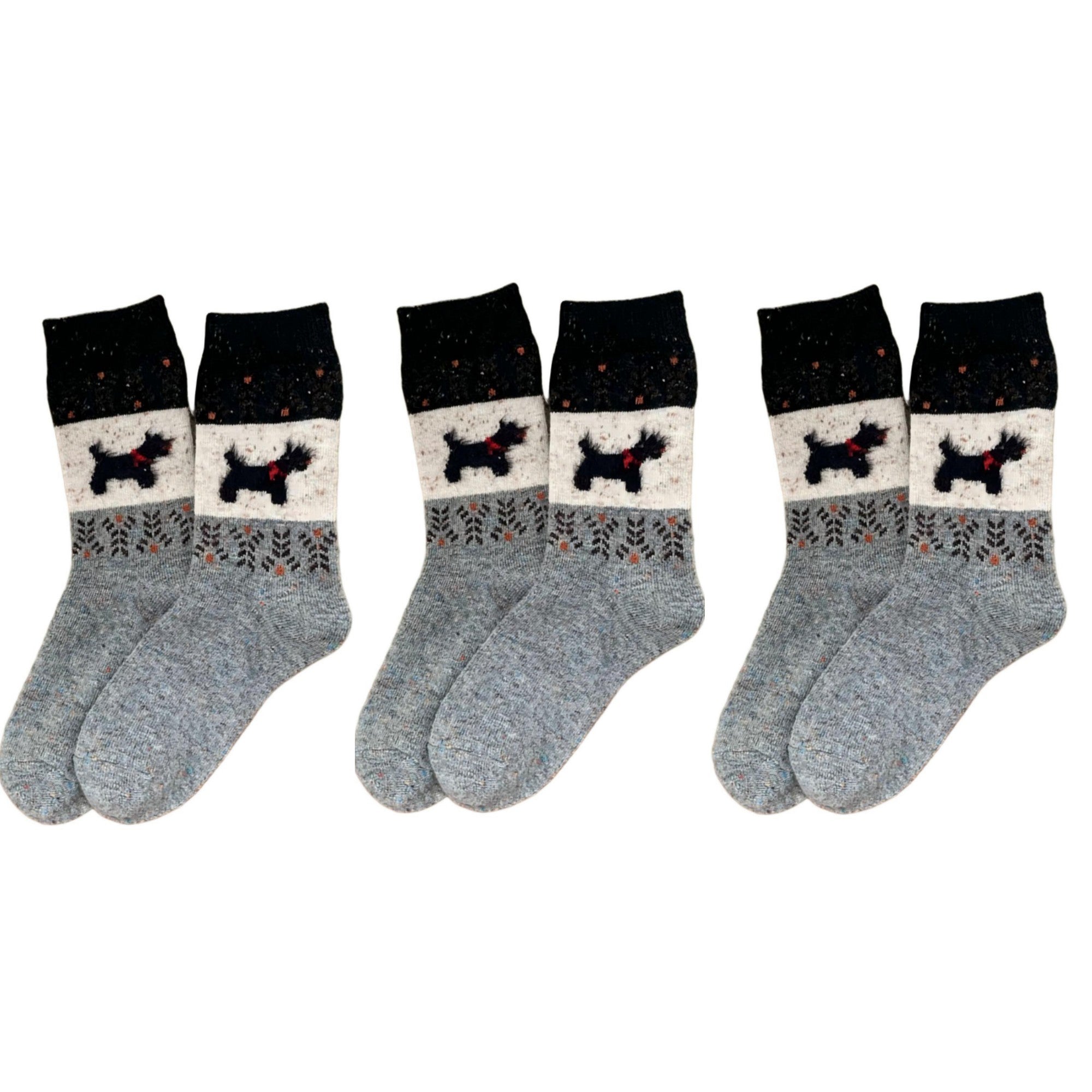 Anna-Kaci Women's 3-Pair Ribbed Knit Crew Socks with Dog Motif and Nordic Pattern