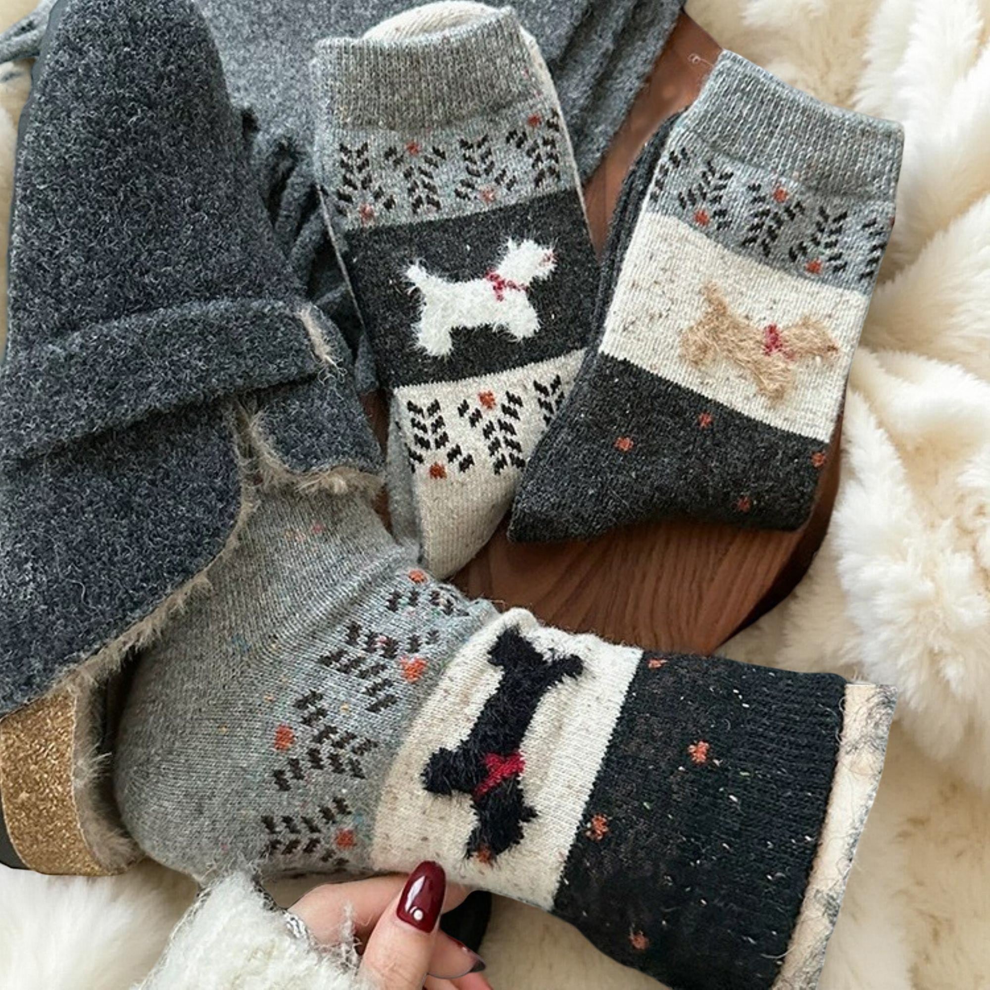 Anna-Kaci Women's 3-Pair Ribbed Knit Crew Socks with Dog Motif and Nordic Pattern