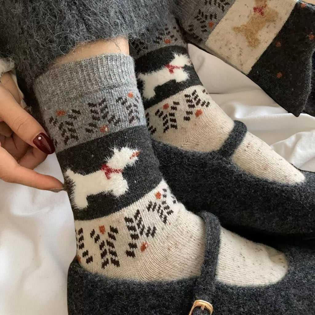 Anna-Kaci Women's 3-Pair Ribbed Knit Crew Socks with Dog Motif and Nordic Pattern