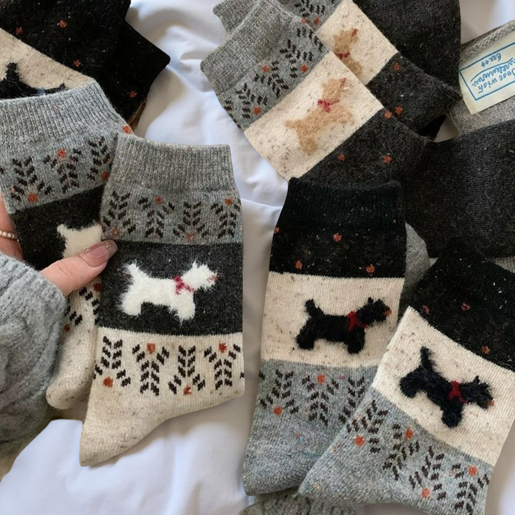 Anna-Kaci Women's 3-Pair Ribbed Knit Crew Socks with Dog Motif and Nordic Pattern