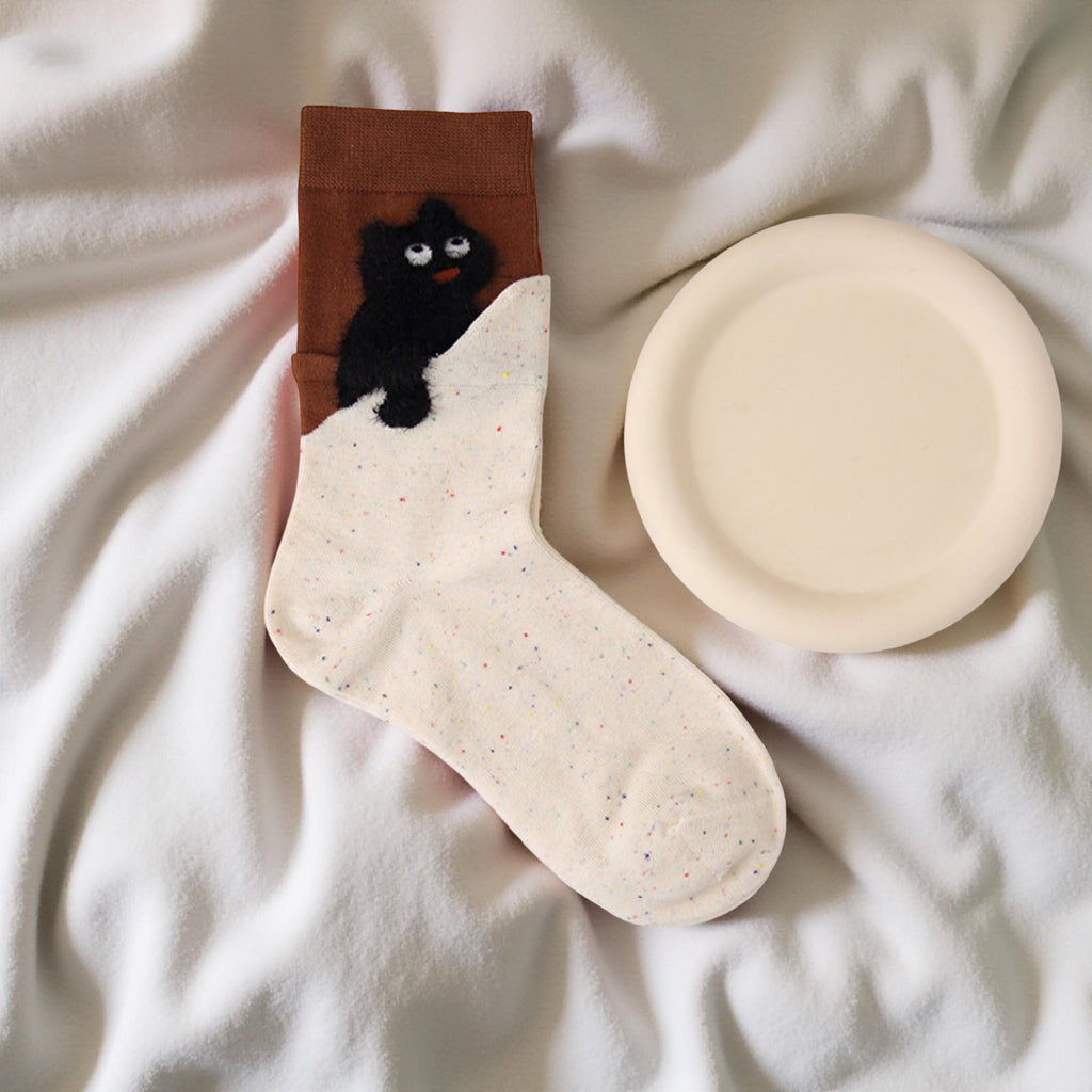 Anna-Kaci Women's 4-Pair Crew Socks with Textured Cat Appliqu¨¦ and Soft Knit Fabric