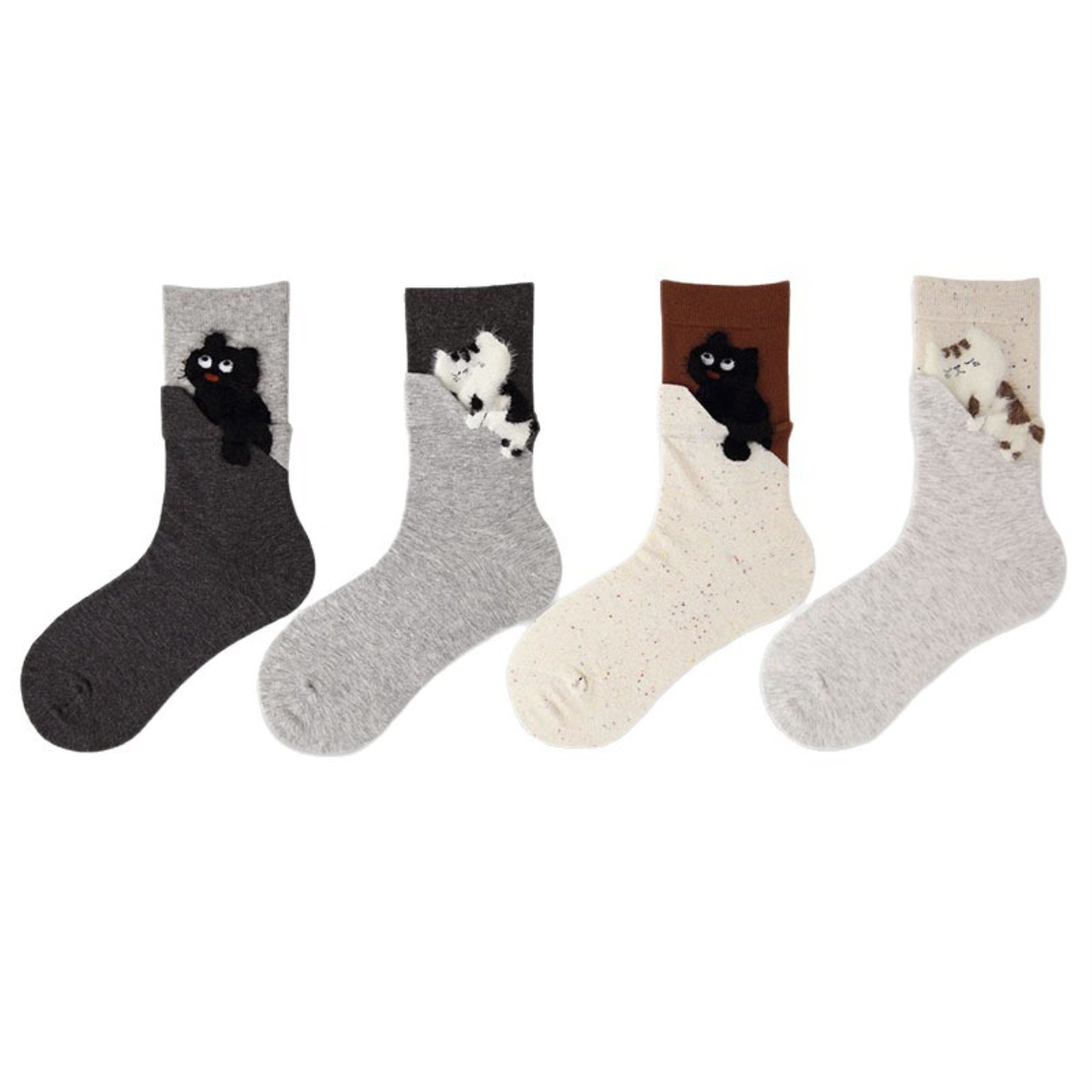 Anna-Kaci Women's 4-Pair Crew Socks with Textured Cat Appliqu¨¦ and Soft Knit Fabric