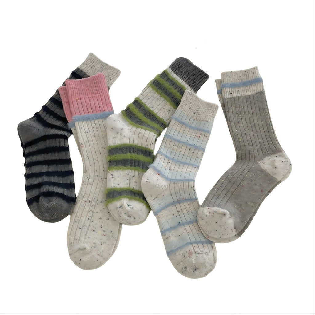Anna-Kaci Women's 5-Pair Ribbed Crew Socks Set with Textured Stripe Pattern Soft Knit Fabric and Everyday Comfort Fit