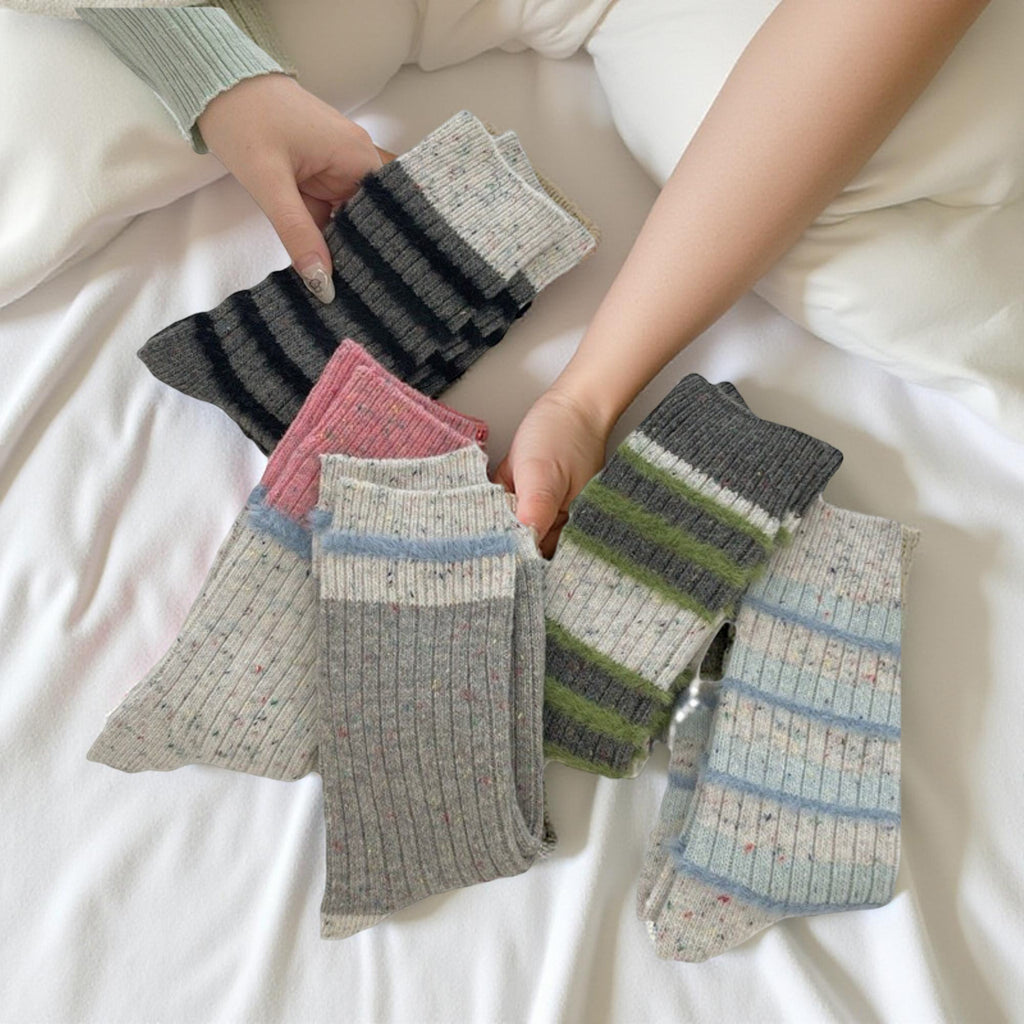 Anna-Kaci Women's 5-Pair Ribbed Crew Socks Set with Textured Stripe Pattern Soft Knit Fabric and Everyday Comfort Fit