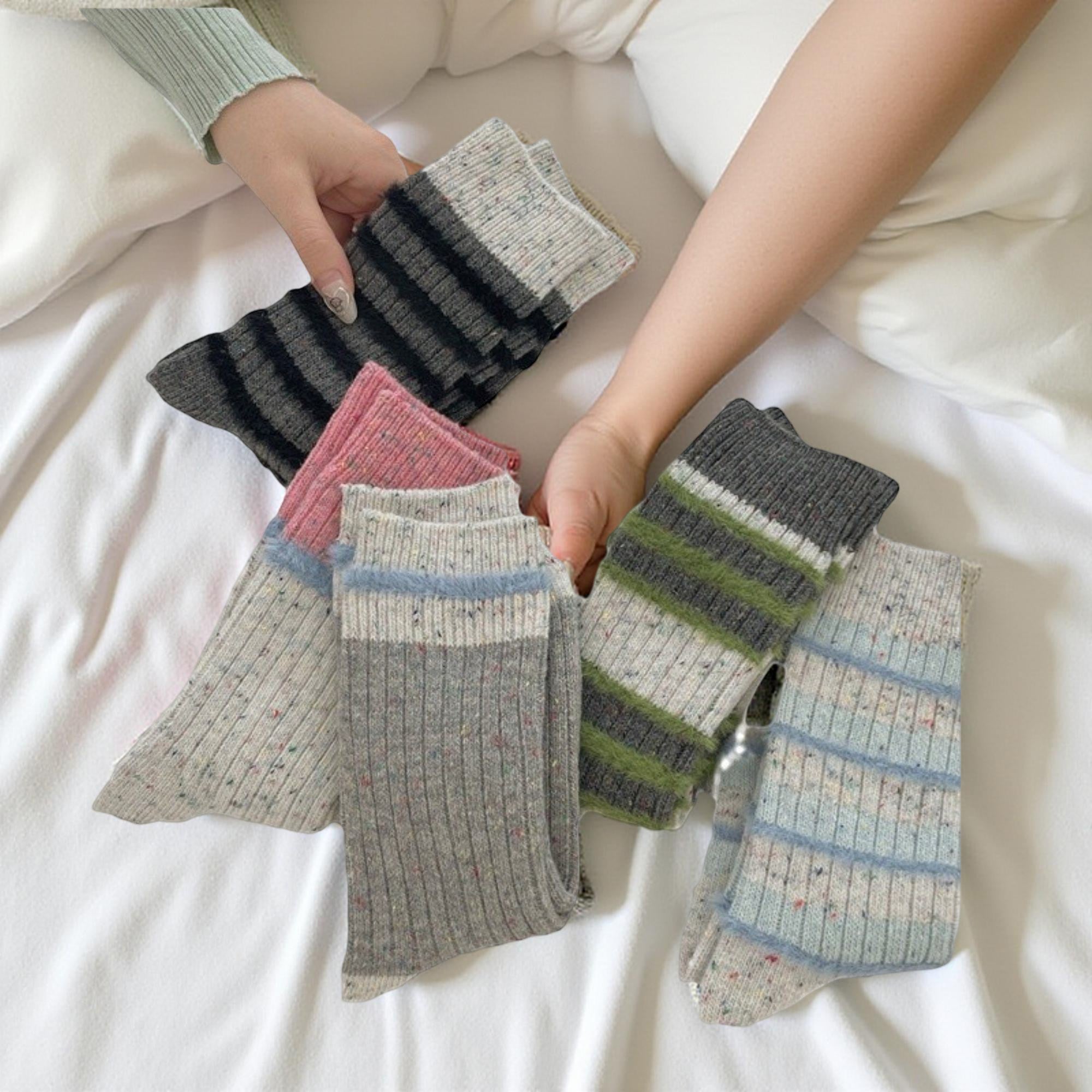 Anna-Kaci Women's 5-Pair Ribbed Crew Socks Set with Textured Stripe Pattern Soft Knit Fabric and Everyday Comfort Fit