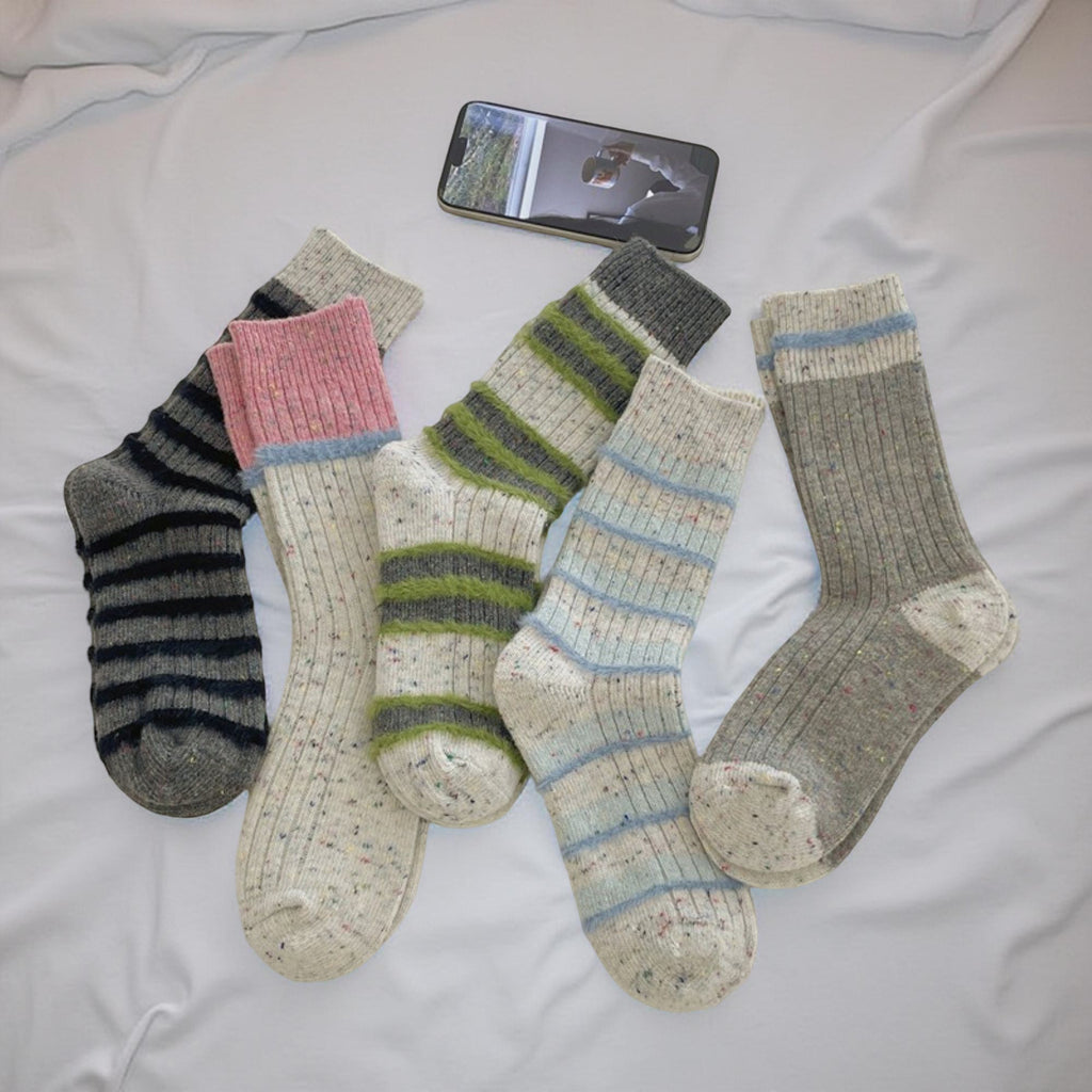 Anna-Kaci Women's 5-Pair Ribbed Crew Socks Set with Textured Stripe Pattern Soft Knit Fabric and Everyday Comfort Fit