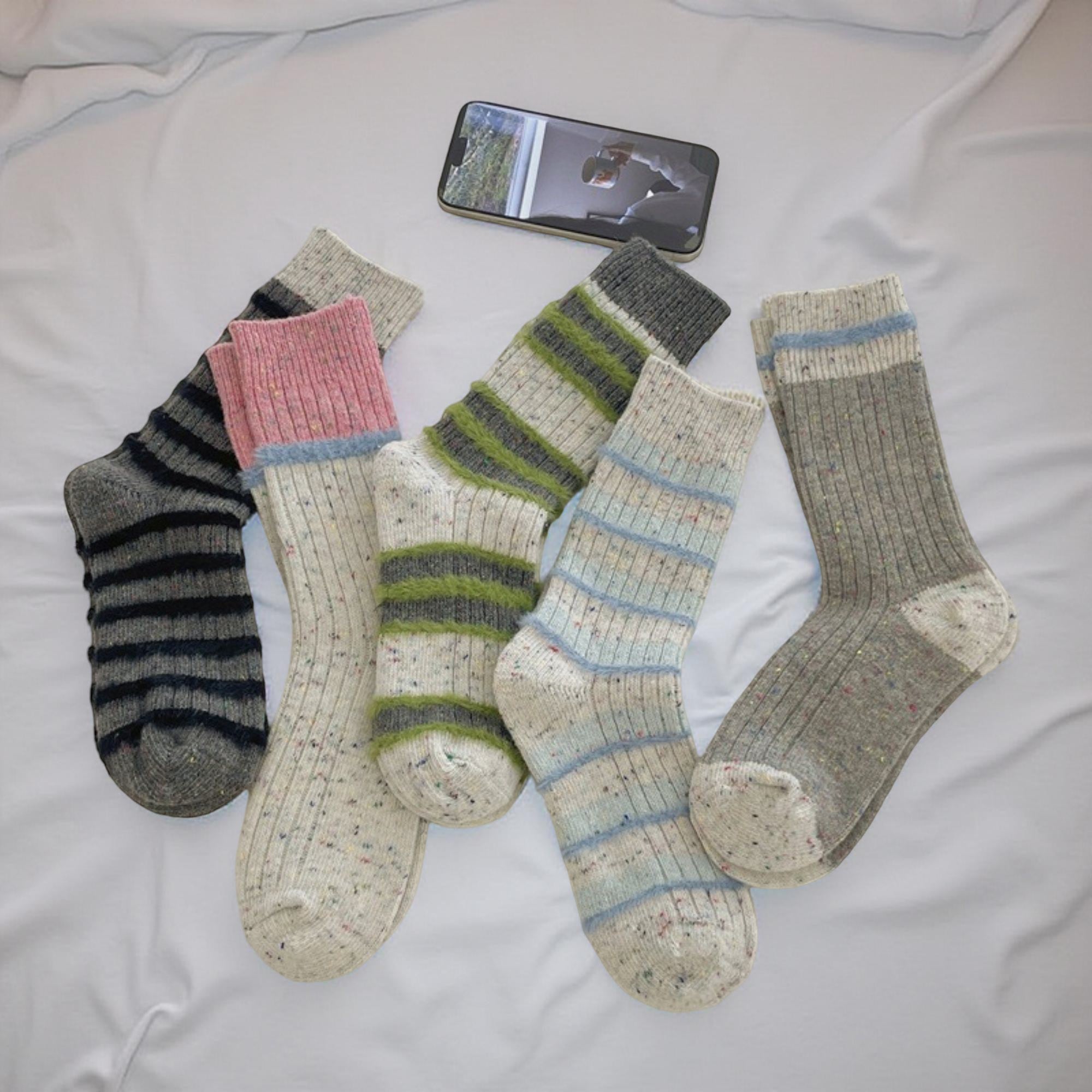 Anna-Kaci Women's 5-Pair Ribbed Crew Socks Set with Textured Stripe Pattern Soft Knit Fabric and Everyday Comfort Fit