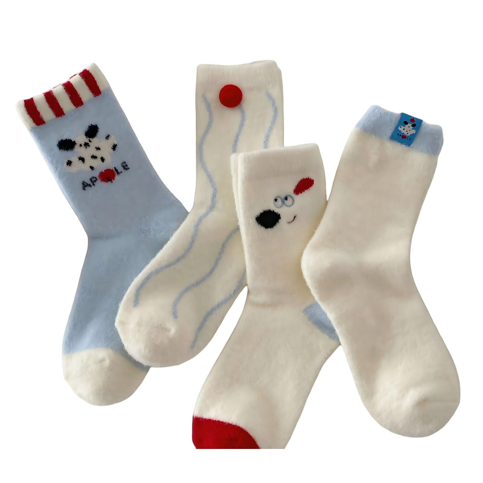 Anna-Kaci Women's 4-Pair Plush Crew Socks Set with Cute Character Designs Soft Fleece Texture and Cozy Everyday Fit