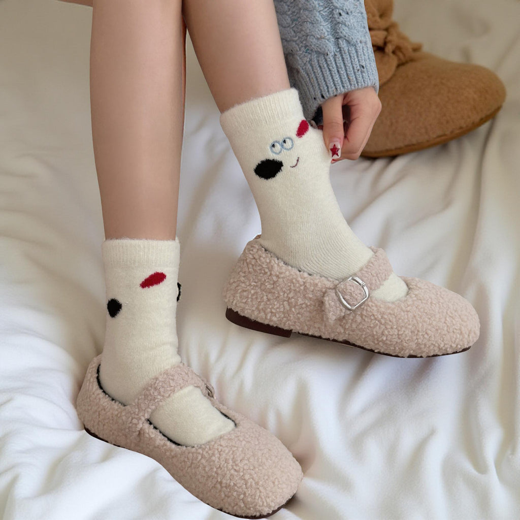 Anna-Kaci Women's 4-Pair Plush Crew Socks Set with Cute Character Designs Soft Fleece Texture and Cozy Everyday Fit