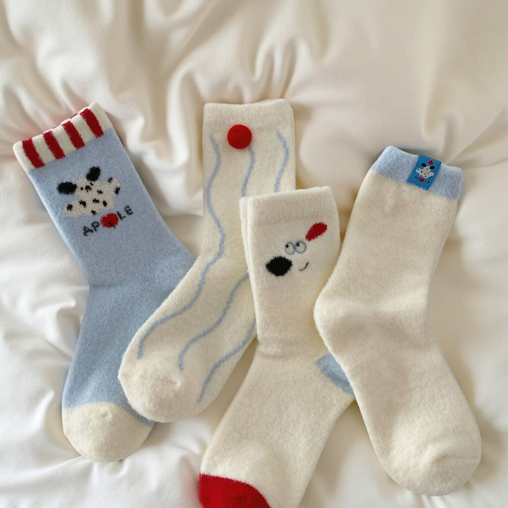 Anna-Kaci Women's 4-Pair Plush Crew Socks Set with Cute Character Designs Soft Fleece Texture and Cozy Everyday Fit