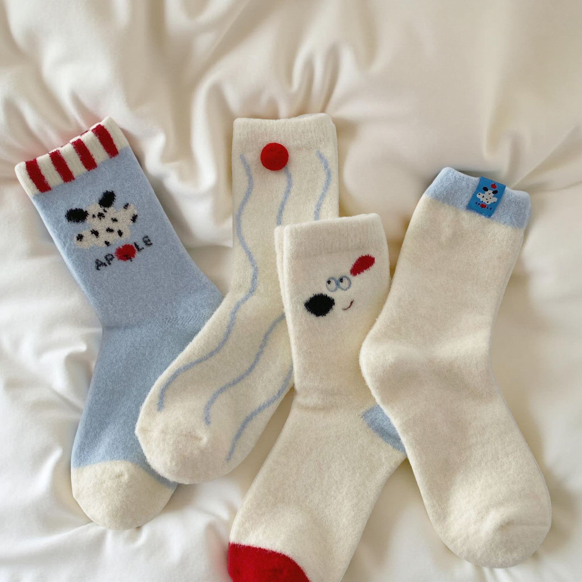 Anna-Kaci Women's 4-Pair Plush Crew Socks Set with Cute Character Designs Soft Fleece Texture and Cozy Everyday Fit
