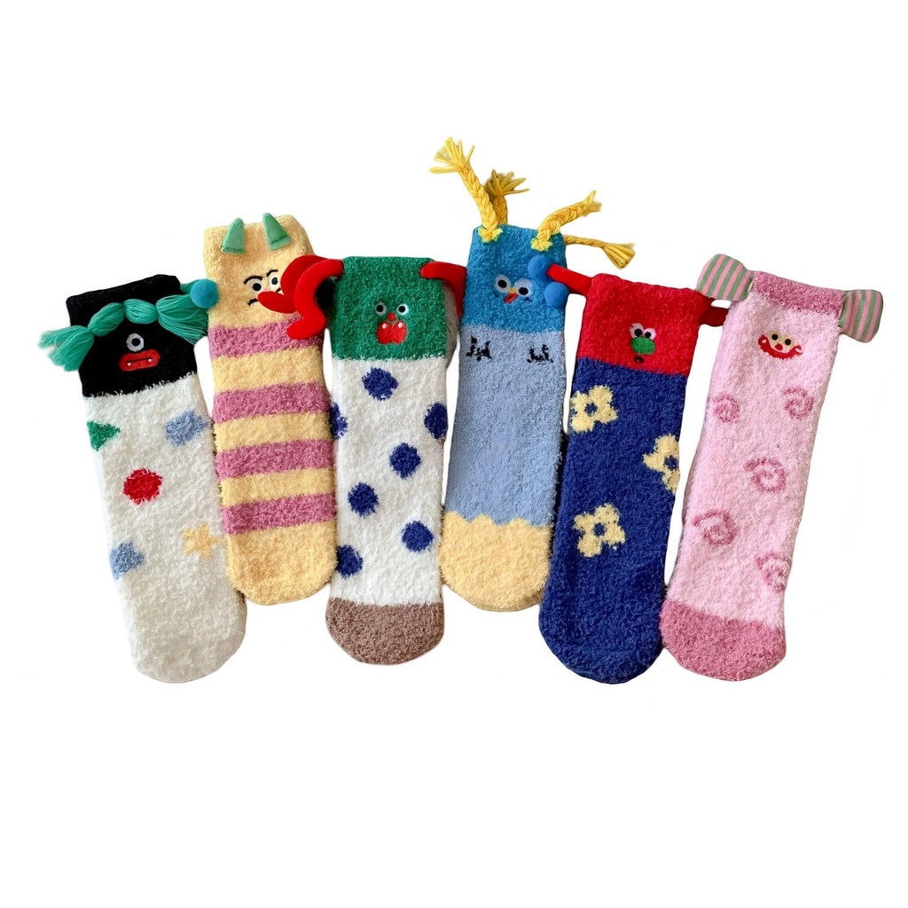 Anna-Kaci Women's 6-Pair Plush Crew Socks Set with Playful Character Designs Soft Fuzzy Texture and Cozy Comfort Fit