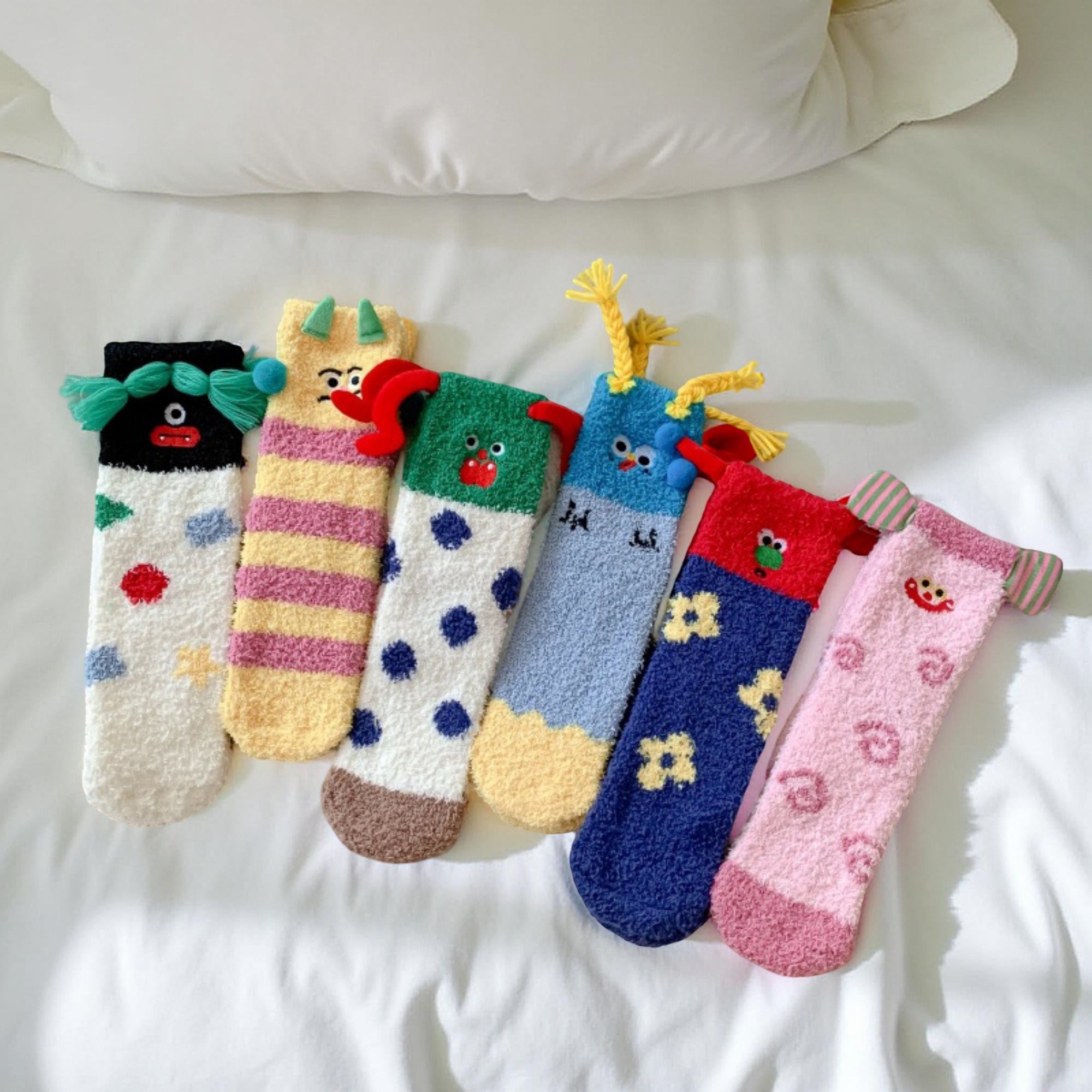 Anna-Kaci Women's 6-Pair Plush Crew Socks Set with Playful Character Designs Soft Fuzzy Texture and Cozy Comfort Fit
