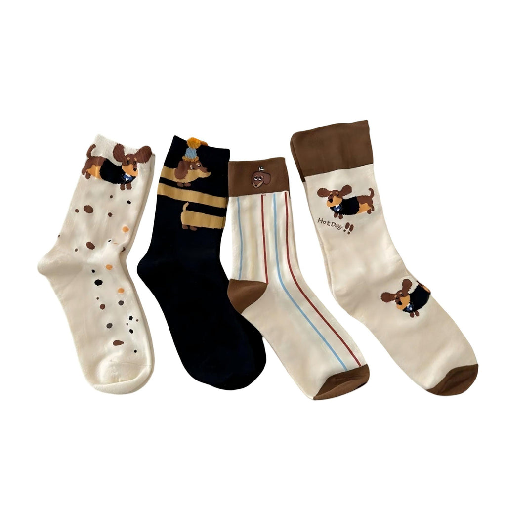 Anna-Kaci Women's 4-Pair Crew Socks Set with Playful Dog Print Designs Soft Knit Fabric and Comfortable Stretch Fit