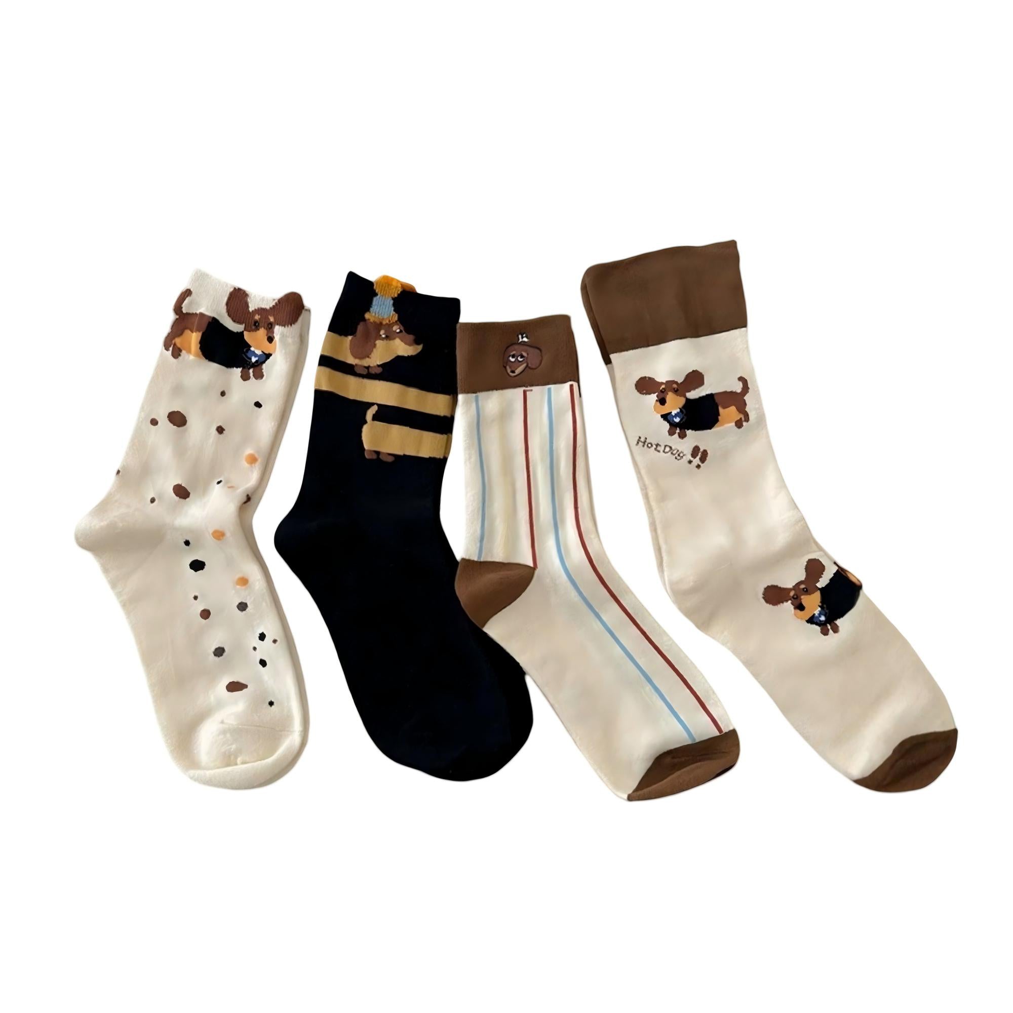 Anna-Kaci Women's 4-Pair Crew Socks Set with Playful Dog Print Designs Soft Knit Fabric and Comfortable Stretch Fit