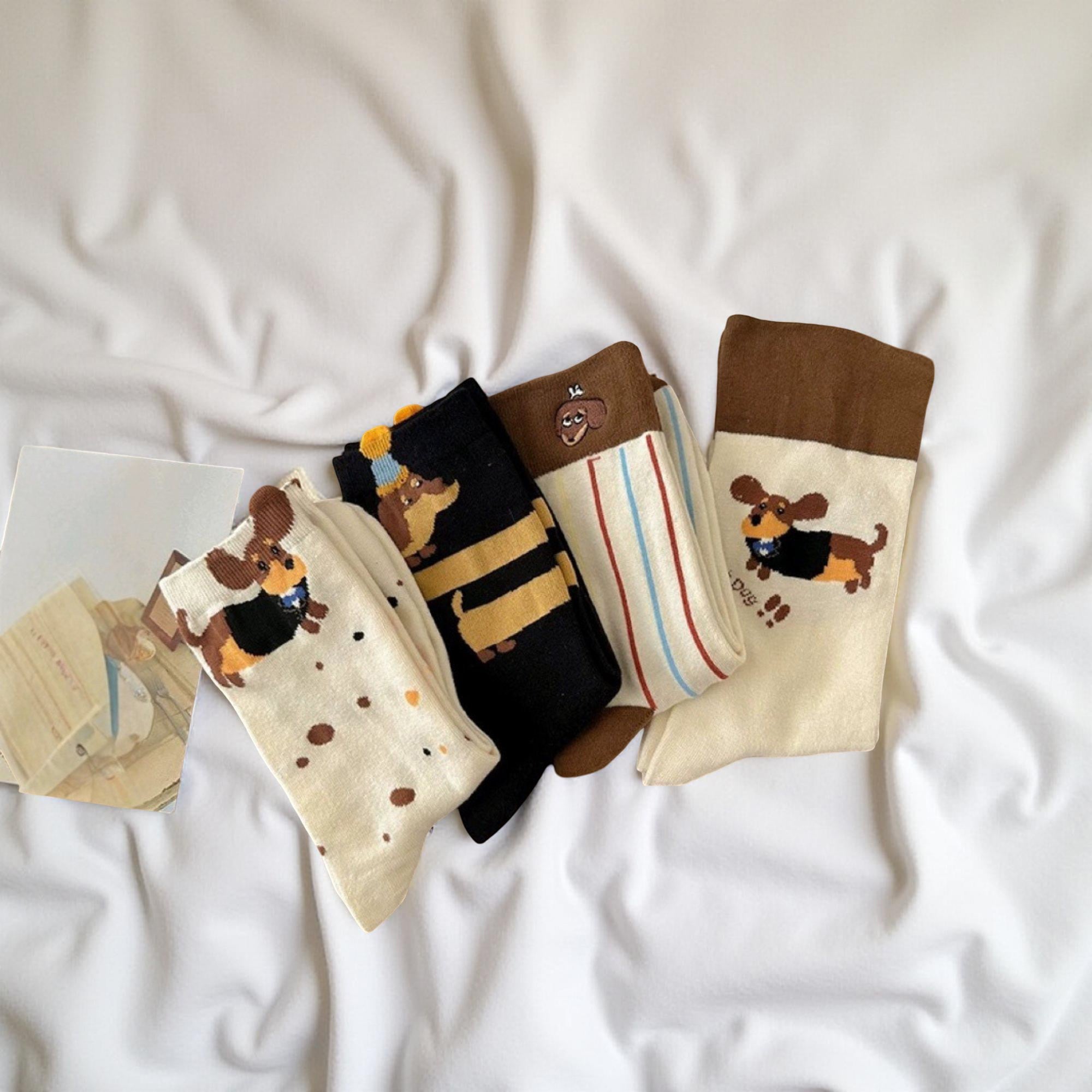 Anna-Kaci Women's 4-Pair Crew Socks Set with Playful Dog Print Designs Soft Knit Fabric and Comfortable Stretch Fit