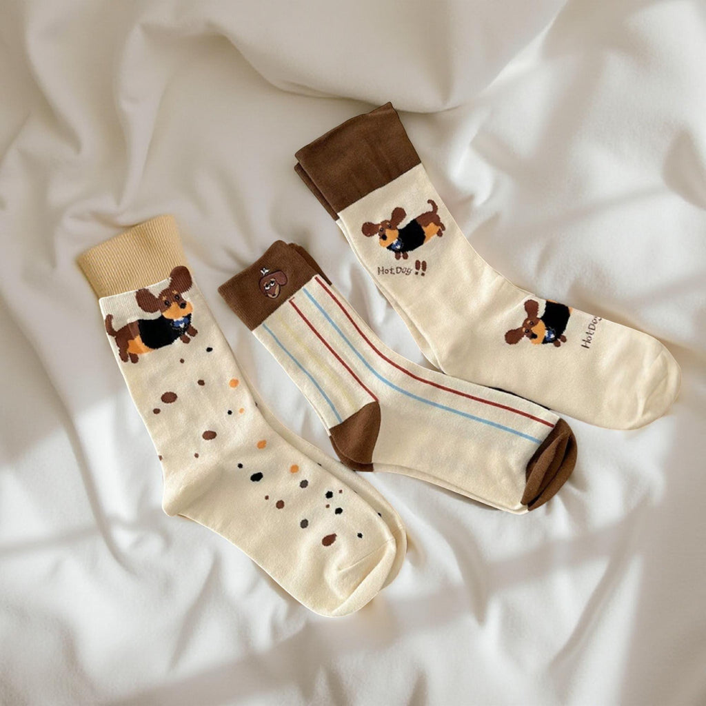 Anna-Kaci Women's 4-Pair Crew Socks Set with Playful Dog Print Designs Soft Knit Fabric and Comfortable Stretch Fit