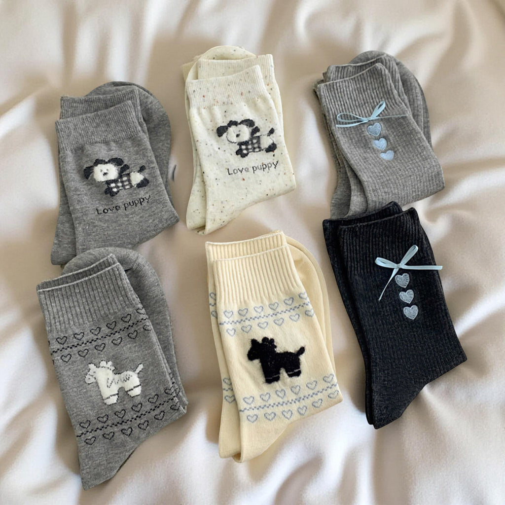 Anna-Kaci Women's 6-Pair Knit Crew Socks Set with Dog Motif and Heart Pattern Details Soft Stretch Fabric and Everyday Comfort