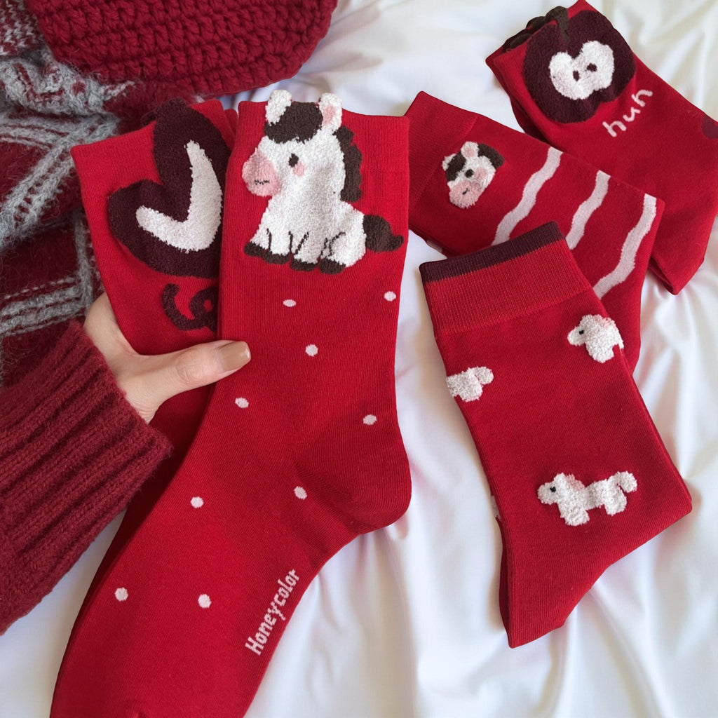 Anna-Kaci Women's 5-Pair Crew Socks Set with Playful Animal and Graphic Designs Soft Knit Fabric and Comfortable Stretch Fit