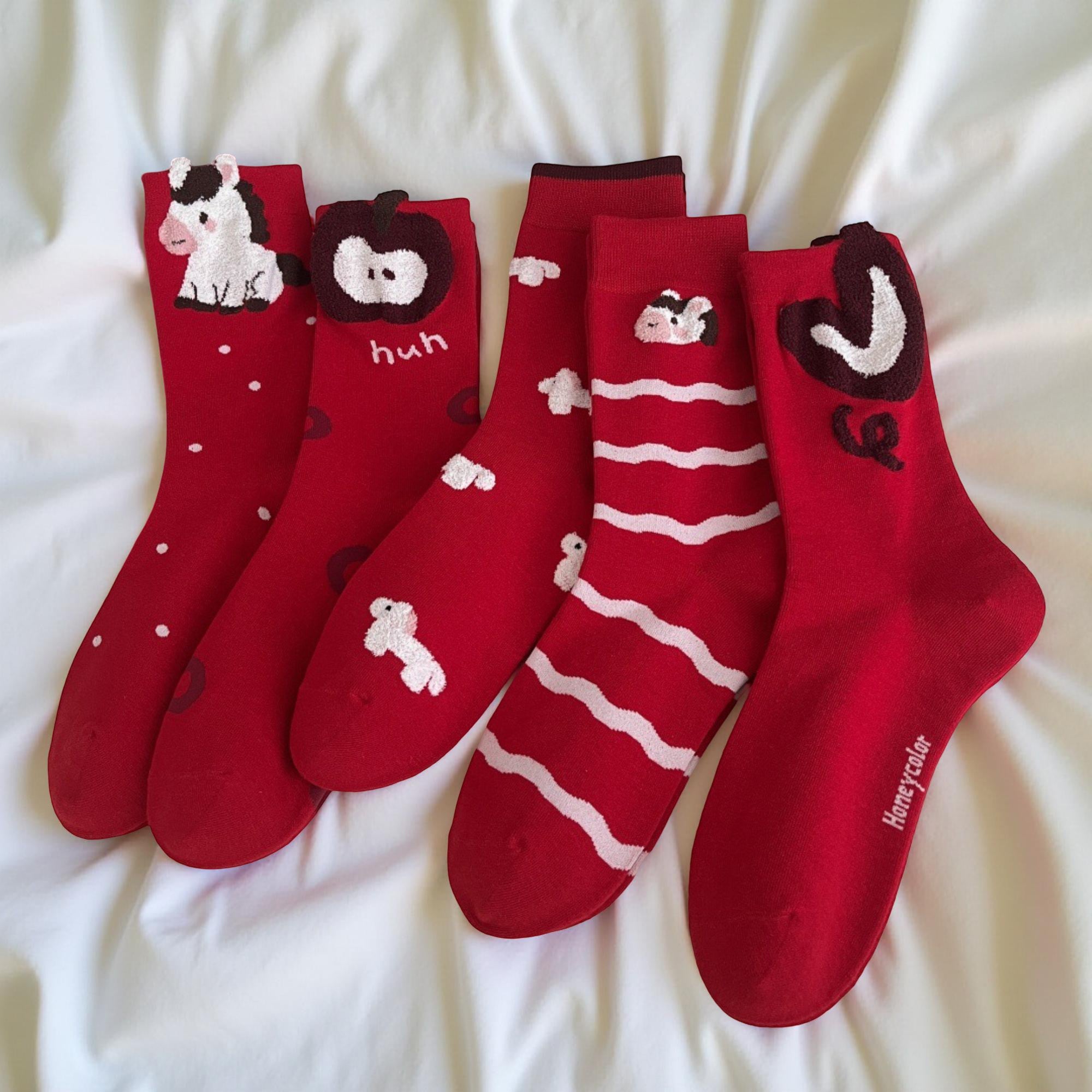Anna-Kaci Women's 5-Pair Crew Socks Set with Playful Animal and Graphic Designs Soft Knit Fabric and Comfortable Stretch Fit
