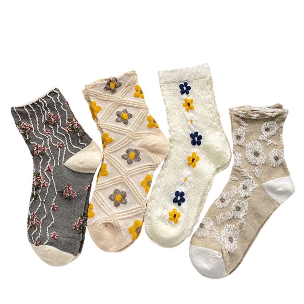 Anna-Kaci Women's 4-Pair Sheer Knit Crew Socks Set with Floral Embroidery Textured Details and Lightweight Comfort