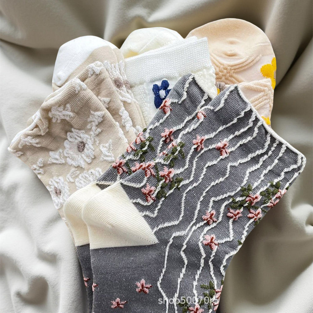 Anna-Kaci Women's 4-Pair Sheer Knit Crew Socks Set with Floral Embroidery Textured Details and Lightweight Comfort