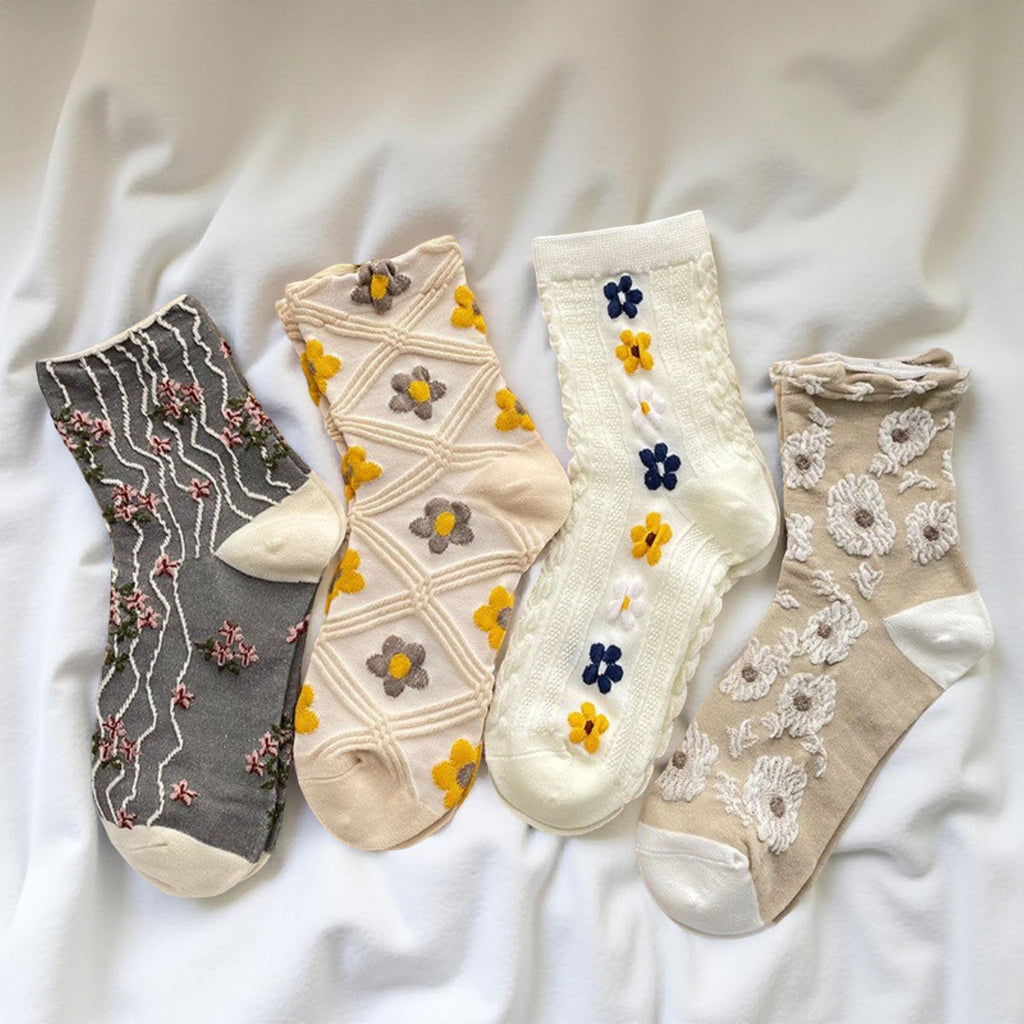 Anna-Kaci Women's 4-Pair Sheer Knit Crew Socks Set with Floral Embroidery Textured Details and Lightweight Comfort