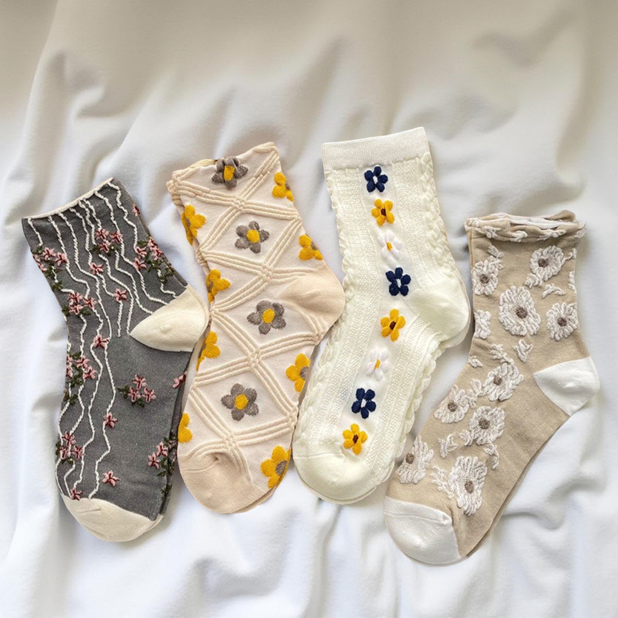 Anna-Kaci Women's 4-Pair Sheer Knit Crew Socks Set with Floral Embroidery Textured Details and Lightweight Comfort