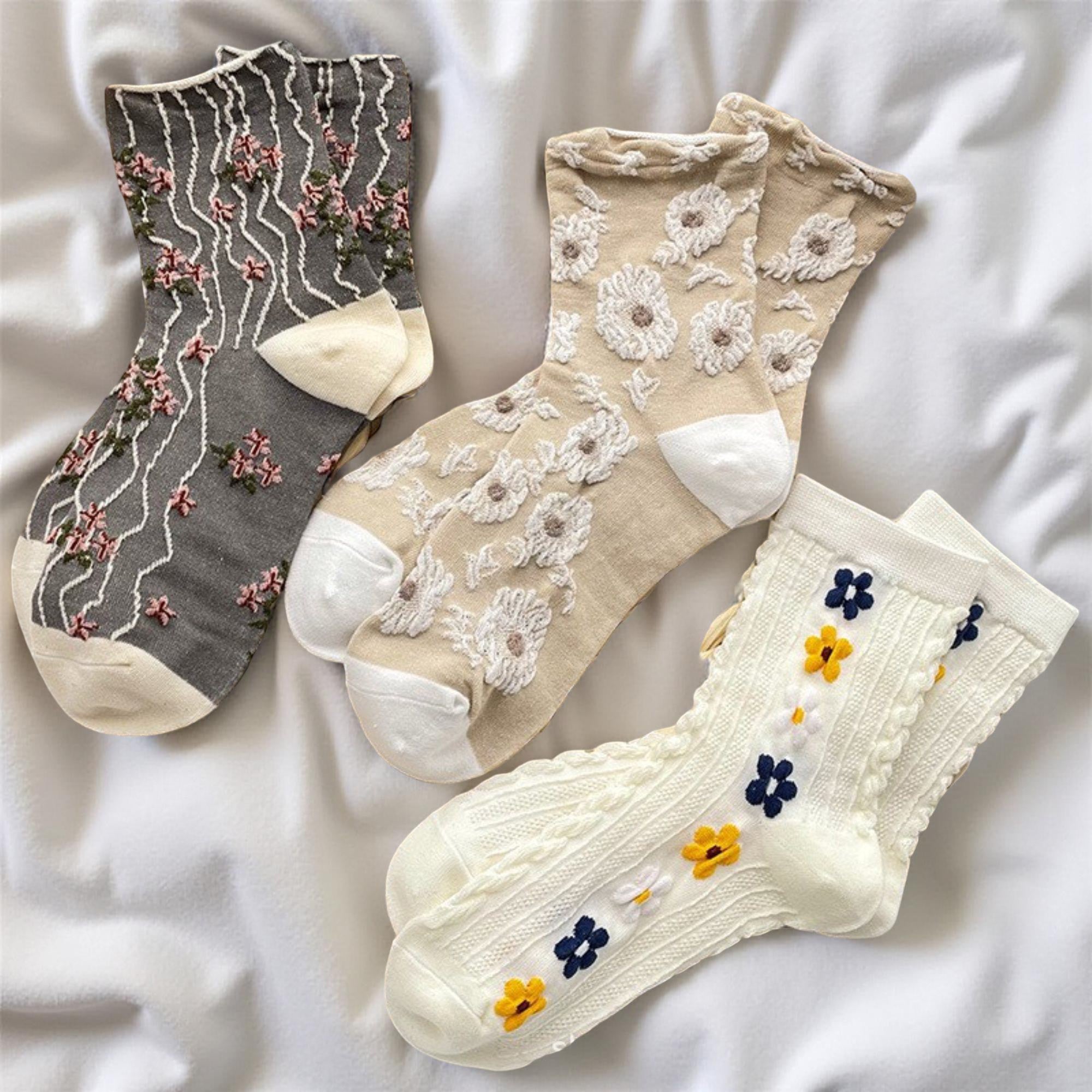 Anna-Kaci Women's 4-Pair Sheer Knit Crew Socks Set with Floral Embroidery Textured Details and Lightweight Comfort