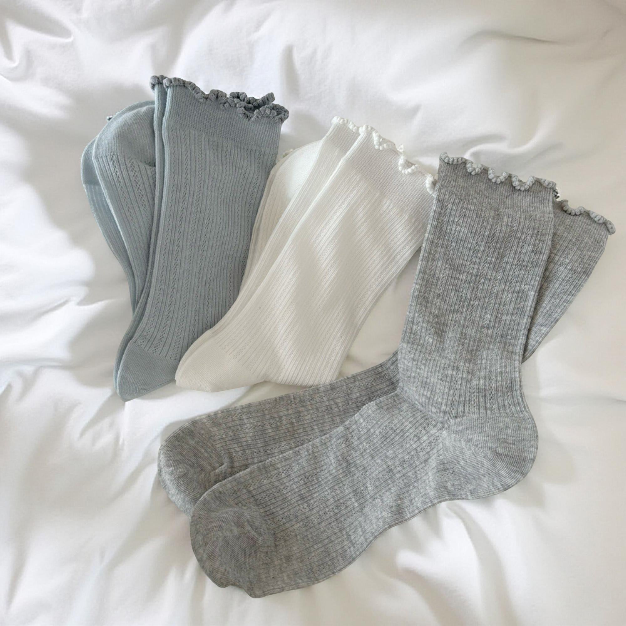 Anna-Kaci Women's 3-Pair Ribbed Crew Socks Set with Ruffle Cuff Detail Soft Knit Fabric and Comfortable Everyday Fit