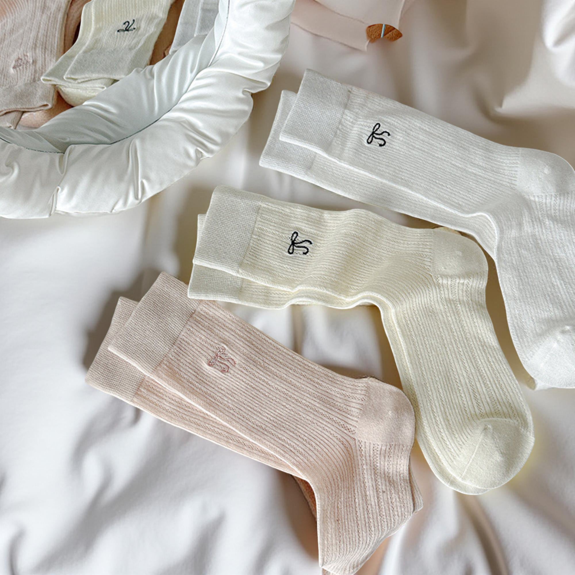 Anna-Kaci Women's 3-Pair Ribbed Crew Socks Set with Subtle Embroidered Detail Soft Stretch Knit and Everyday Comfort
