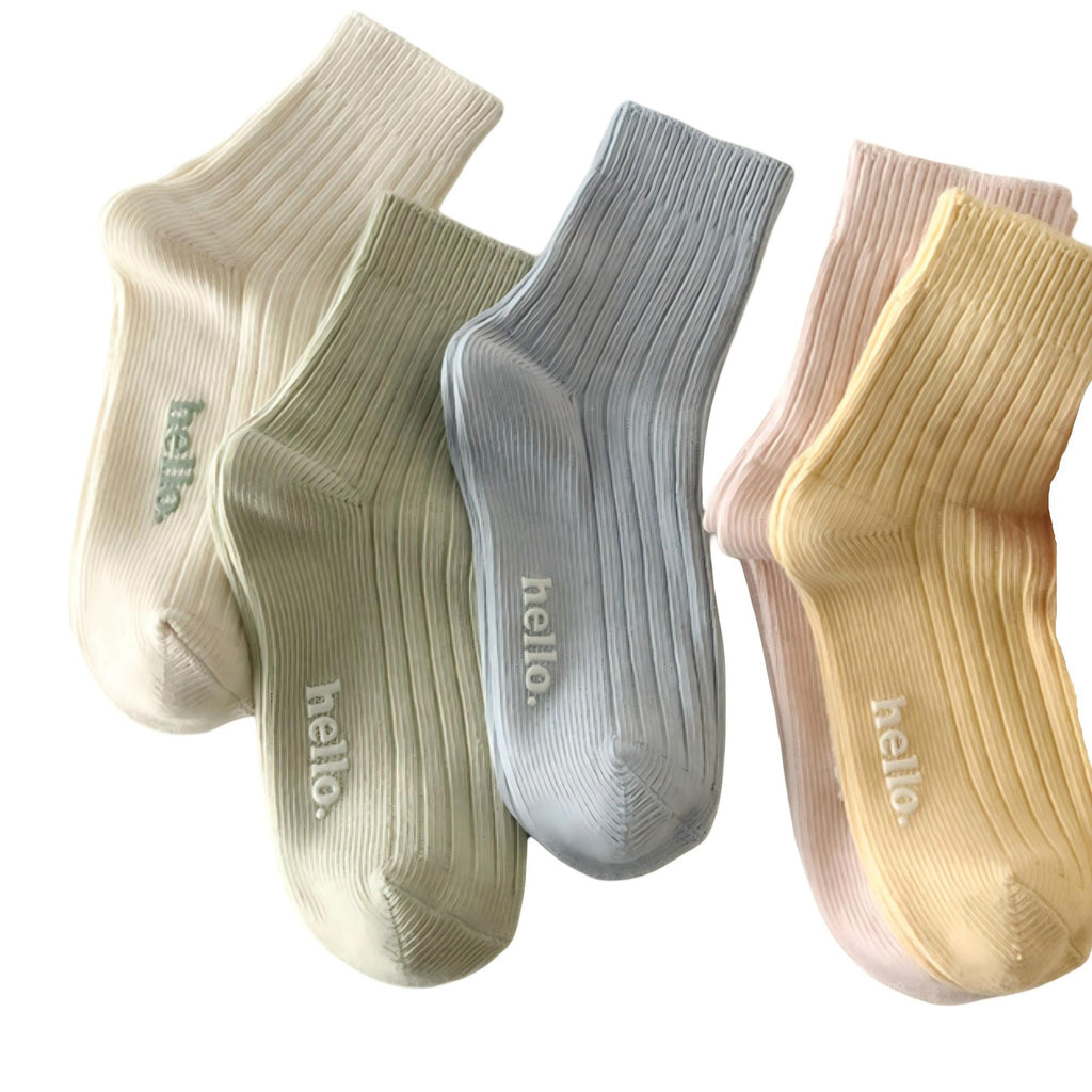 Anna-Kaci Women's 5-Pair Ribbed Crew Socks Set with Hello Text Detail Soft Stretch Knit Comfortable Everyday Essential