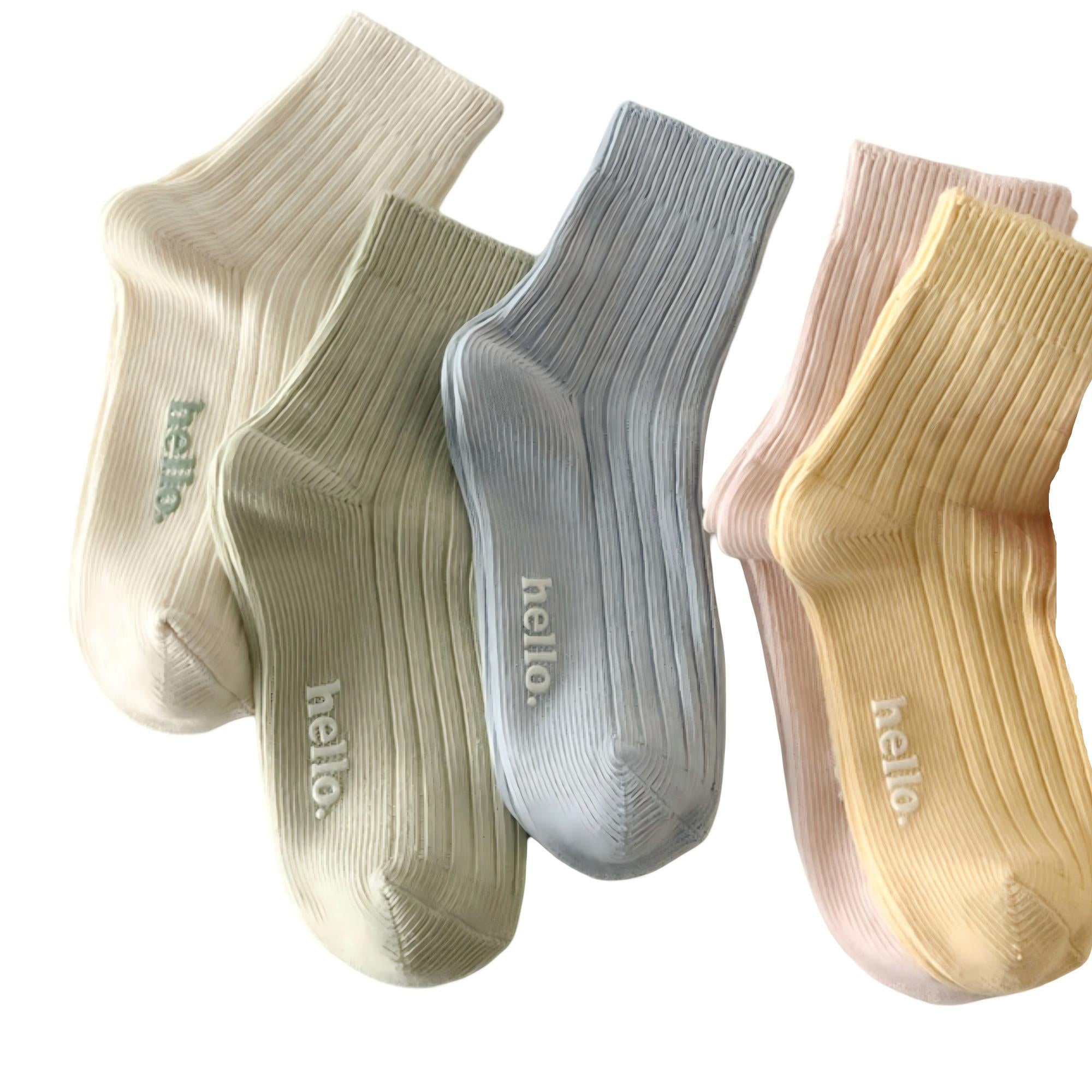Anna-Kaci Women's 5-Pair Ribbed Crew Socks Set with Hello Text Detail Soft Stretch Knit Comfortable Everyday Essential