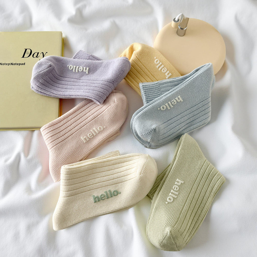 Anna-Kaci Women's 5-Pair Ribbed Crew Socks Set with Hello Text Detail Soft Stretch Knit Comfortable Everyday Essential