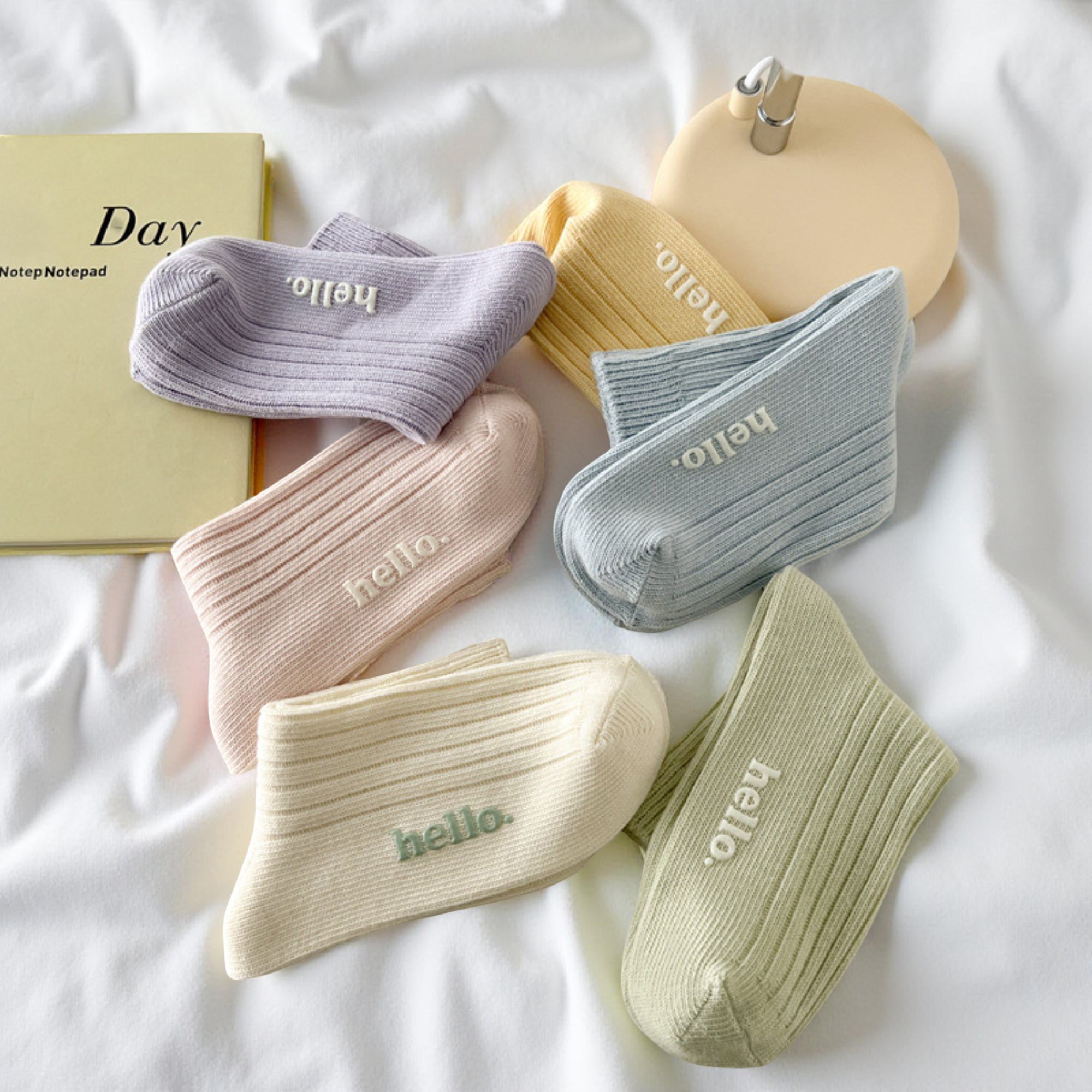 Anna-Kaci Women's 5-Pair Ribbed Crew Socks Set with Hello Text Detail Soft Stretch Knit Comfortable Everyday Essential