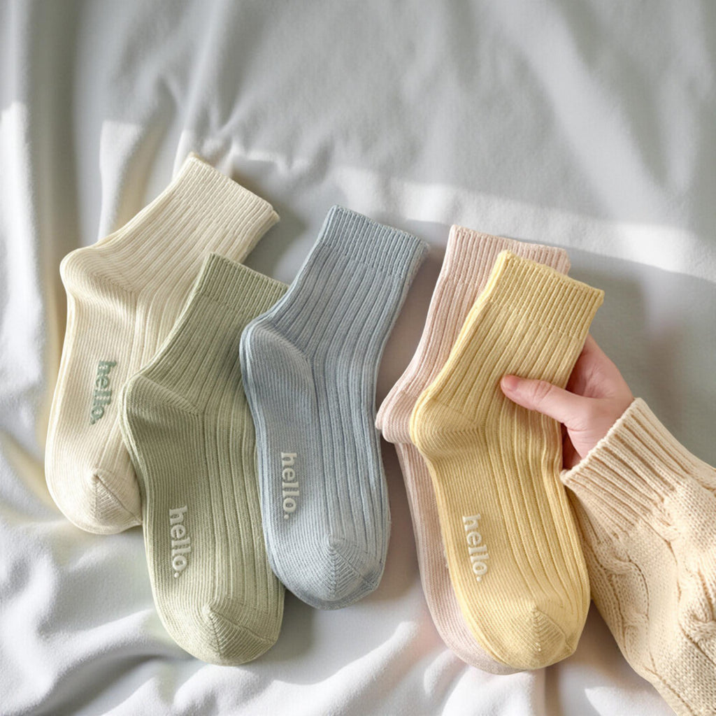 Anna-Kaci Women's 5-Pair Ribbed Crew Socks Set with Hello Text Detail Soft Stretch Knit Comfortable Everyday Essential