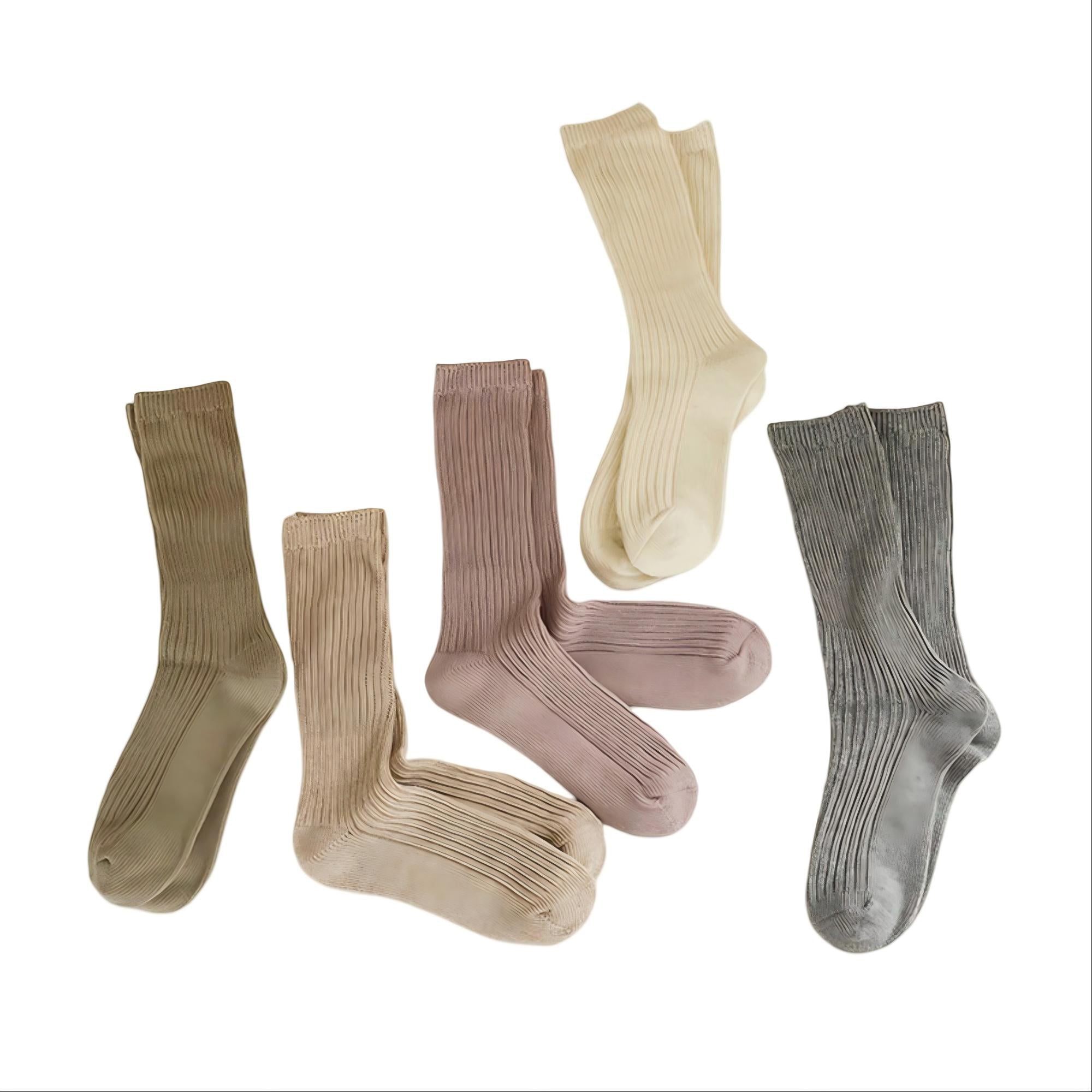Anna-Kaci Women's 5-Pair Ribbed Crew Socks Set Soft Stretch Knit Minimalist Design Comfortable Everyday Wear
