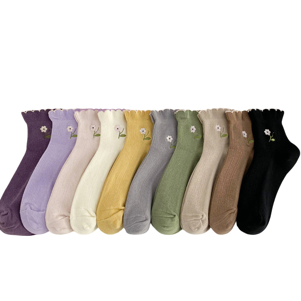 Anna-Kaci Women's 10-Pair Ribbed Crew Socks Set with Floral Embroidery Soft Stretch Knit Everyday Comfort