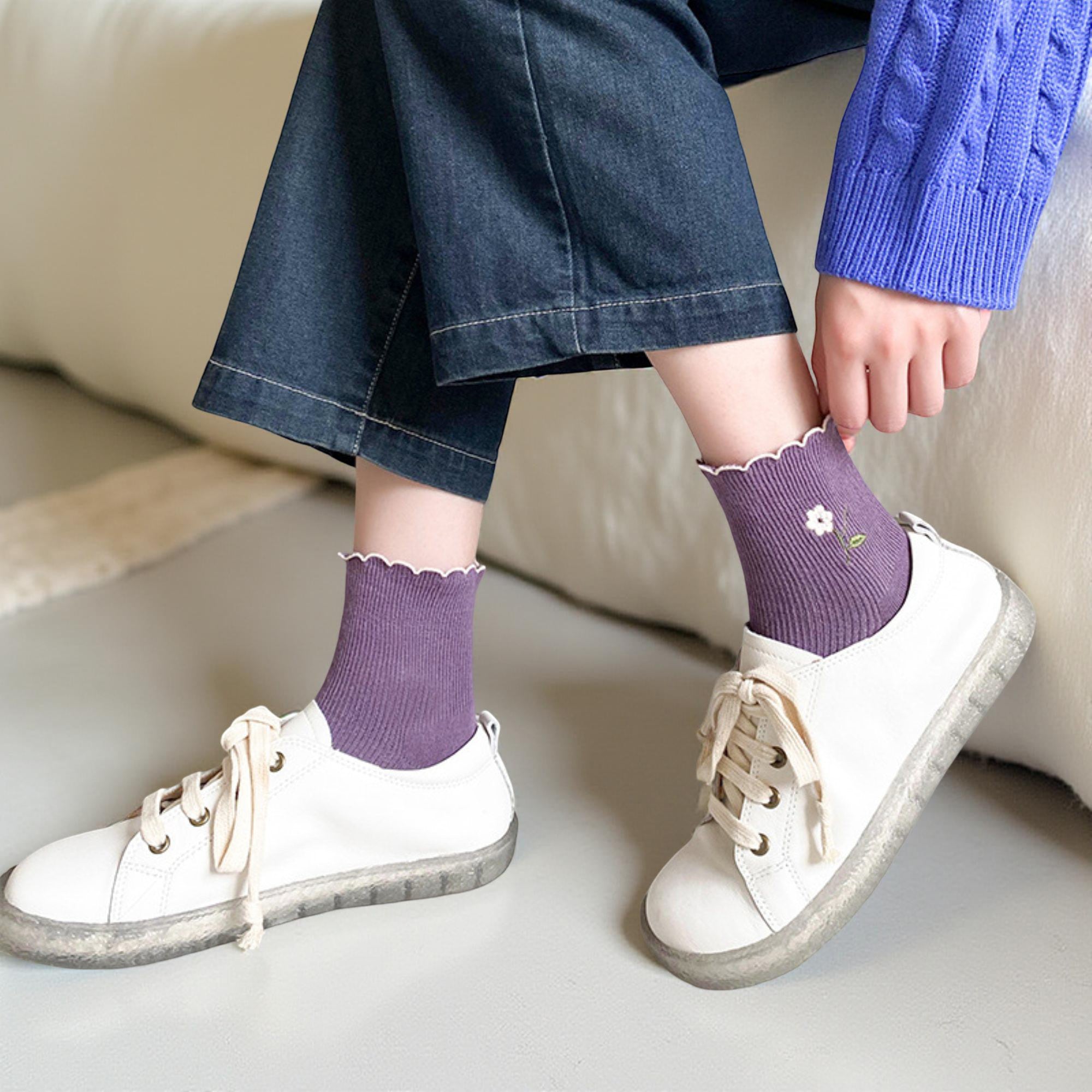 Anna-Kaci Women's 10-Pair Ribbed Crew Socks Set with Floral Embroidery Soft Stretch Knit Everyday Comfort