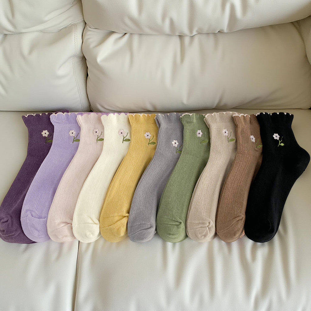 Anna-Kaci Women's 10-Pair Ribbed Crew Socks Set with Floral Embroidery Soft Stretch Knit Everyday Comfort